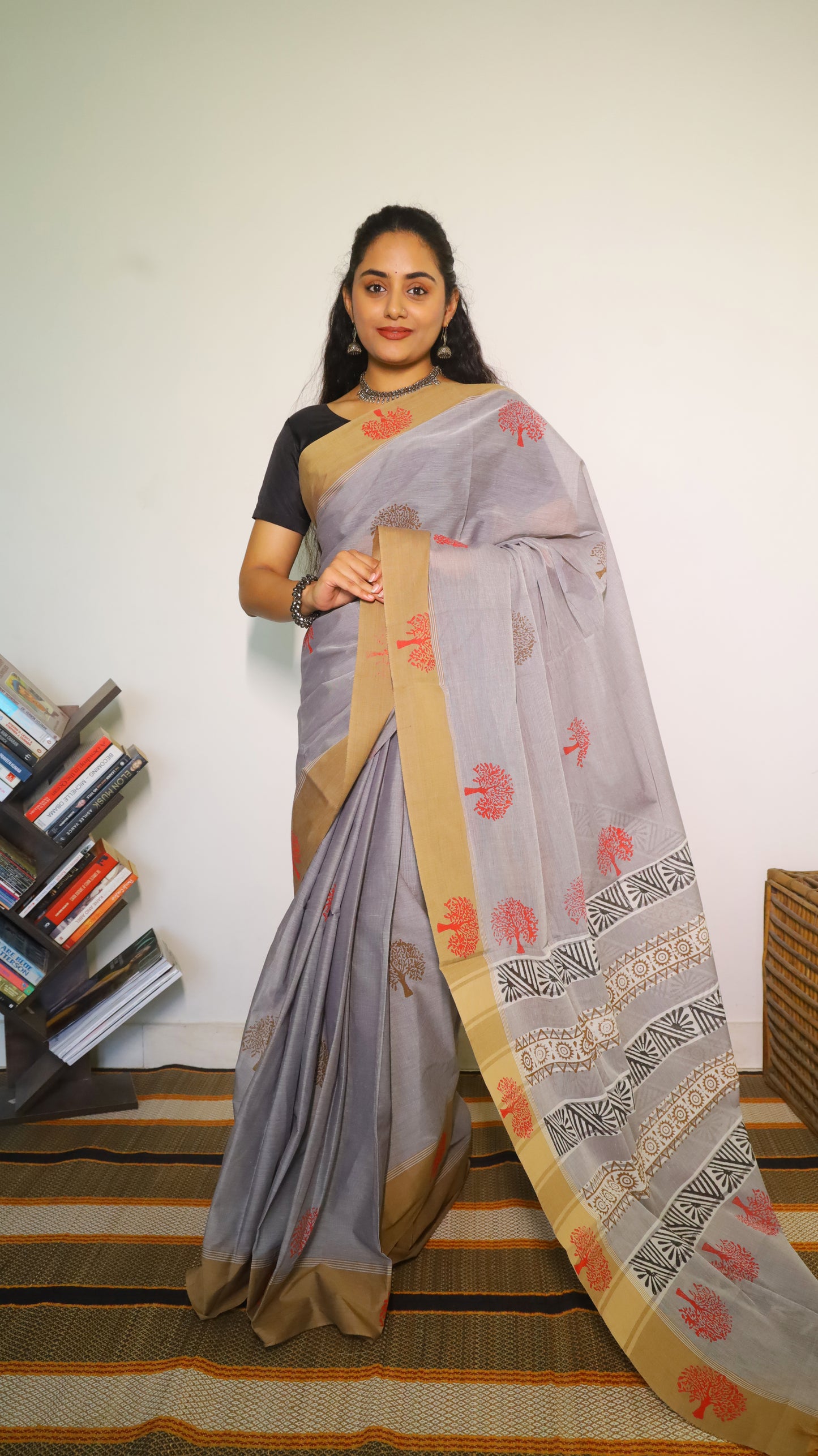 Breathable grey handloom cotton block print saree with black pallu and mustard border - BOOMIKA