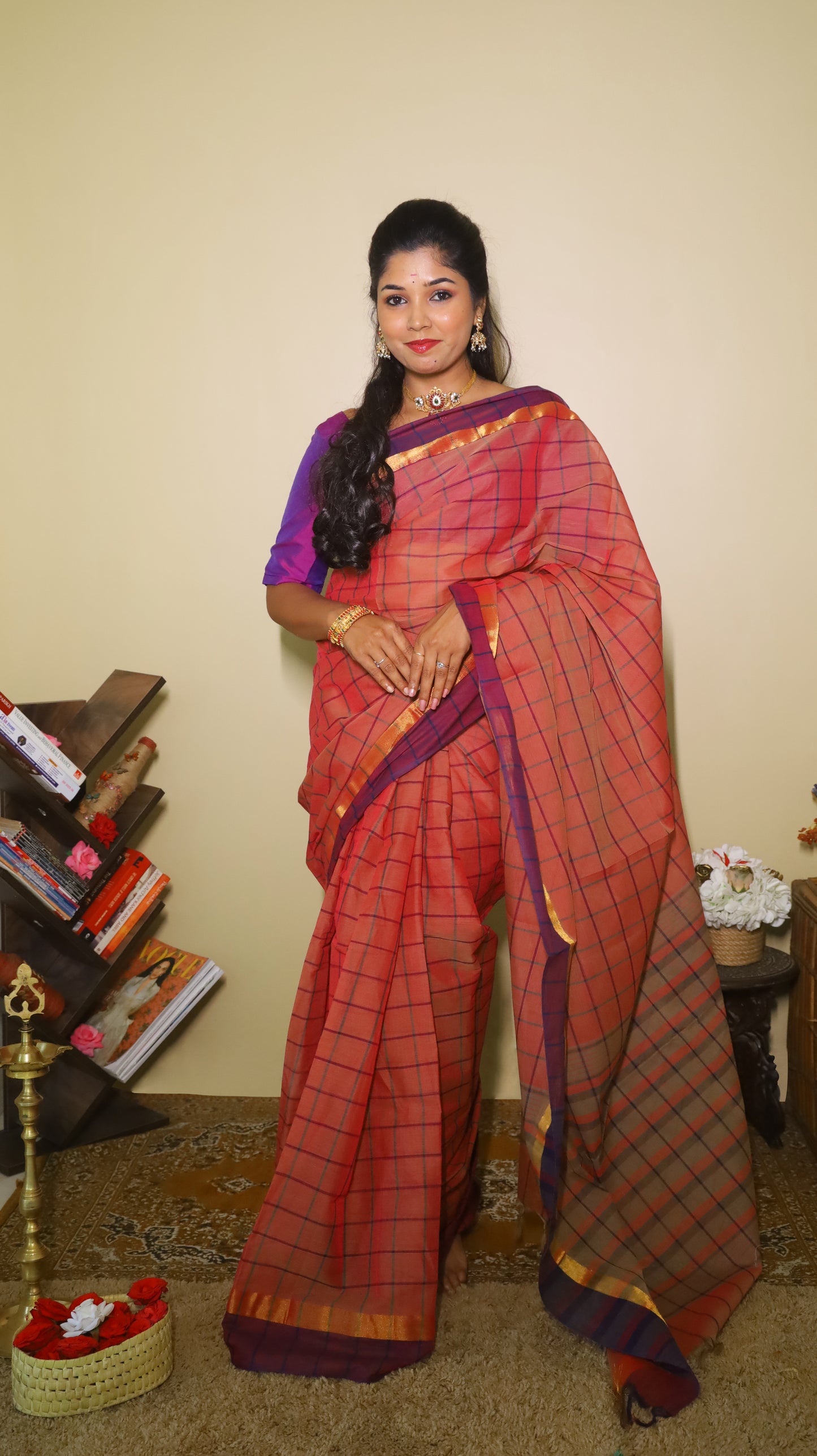 Rich Maroon Manipuri Cotton saree with highlighted check patterns, and golden-pink border - BOOMIKA