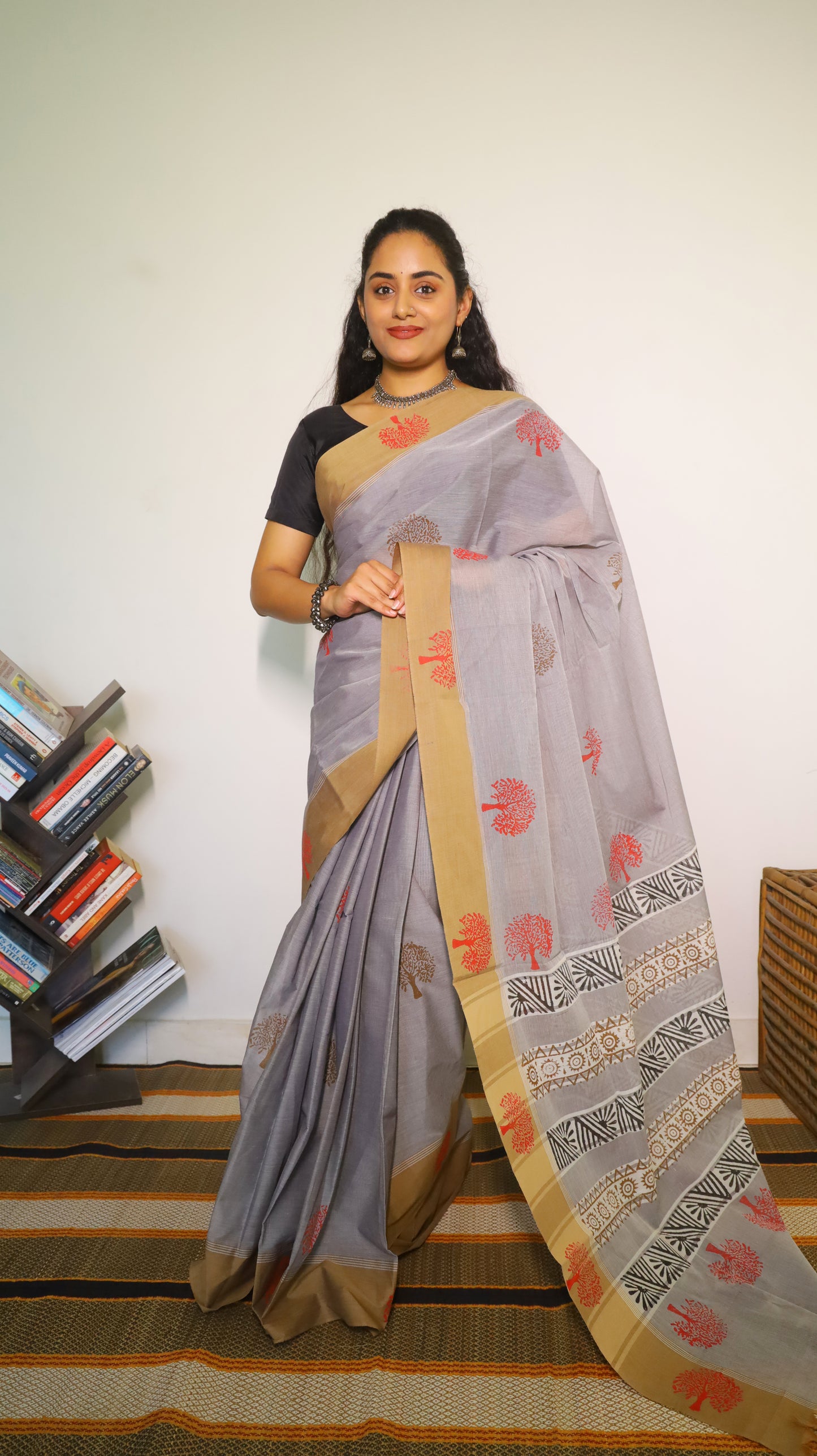 Breathable grey handloom cotton block print saree with black pallu and mustard border - BOOMIKA