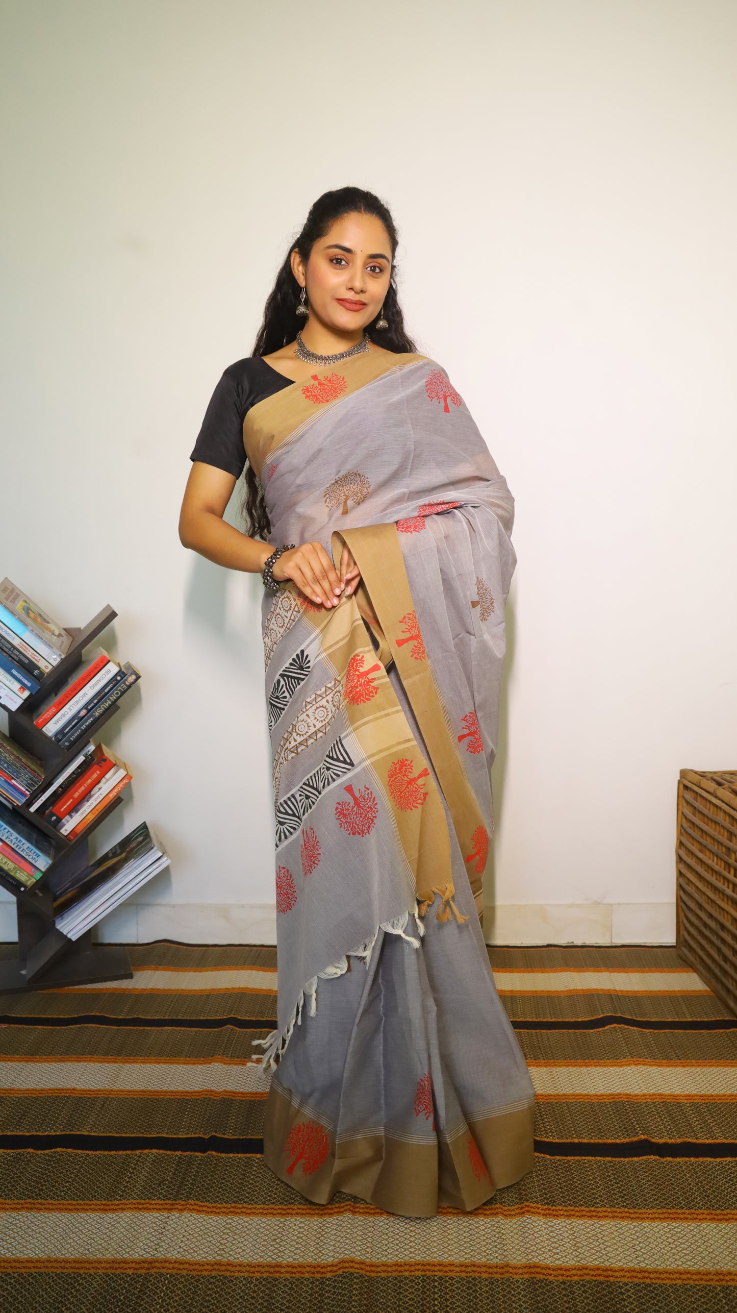 Breathable grey handloom cotton block print saree with black pallu and mustard border - BOOMIKA