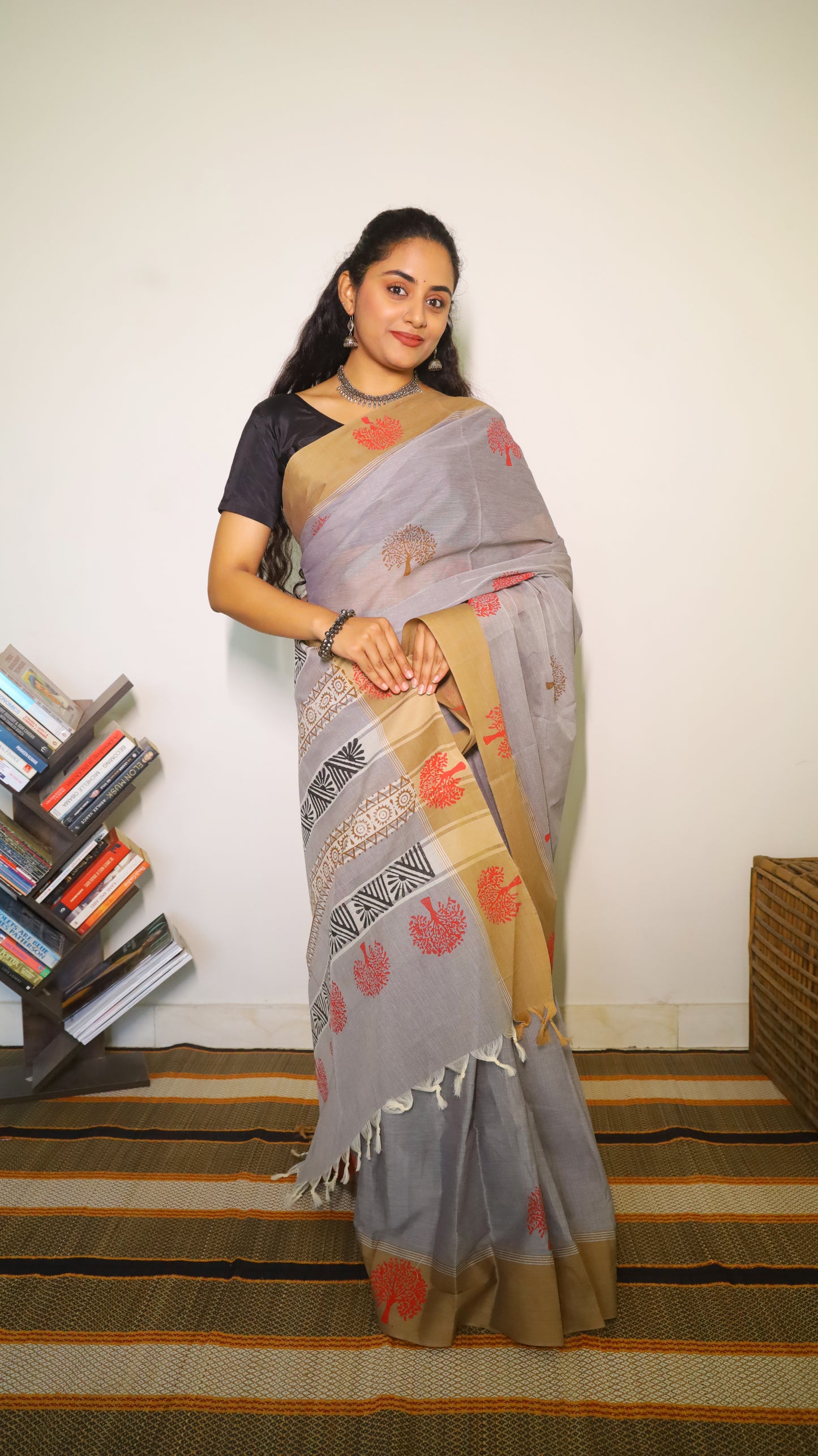 Breathable grey handloom cotton block print saree with black pallu and mustard border - BOOMIKA