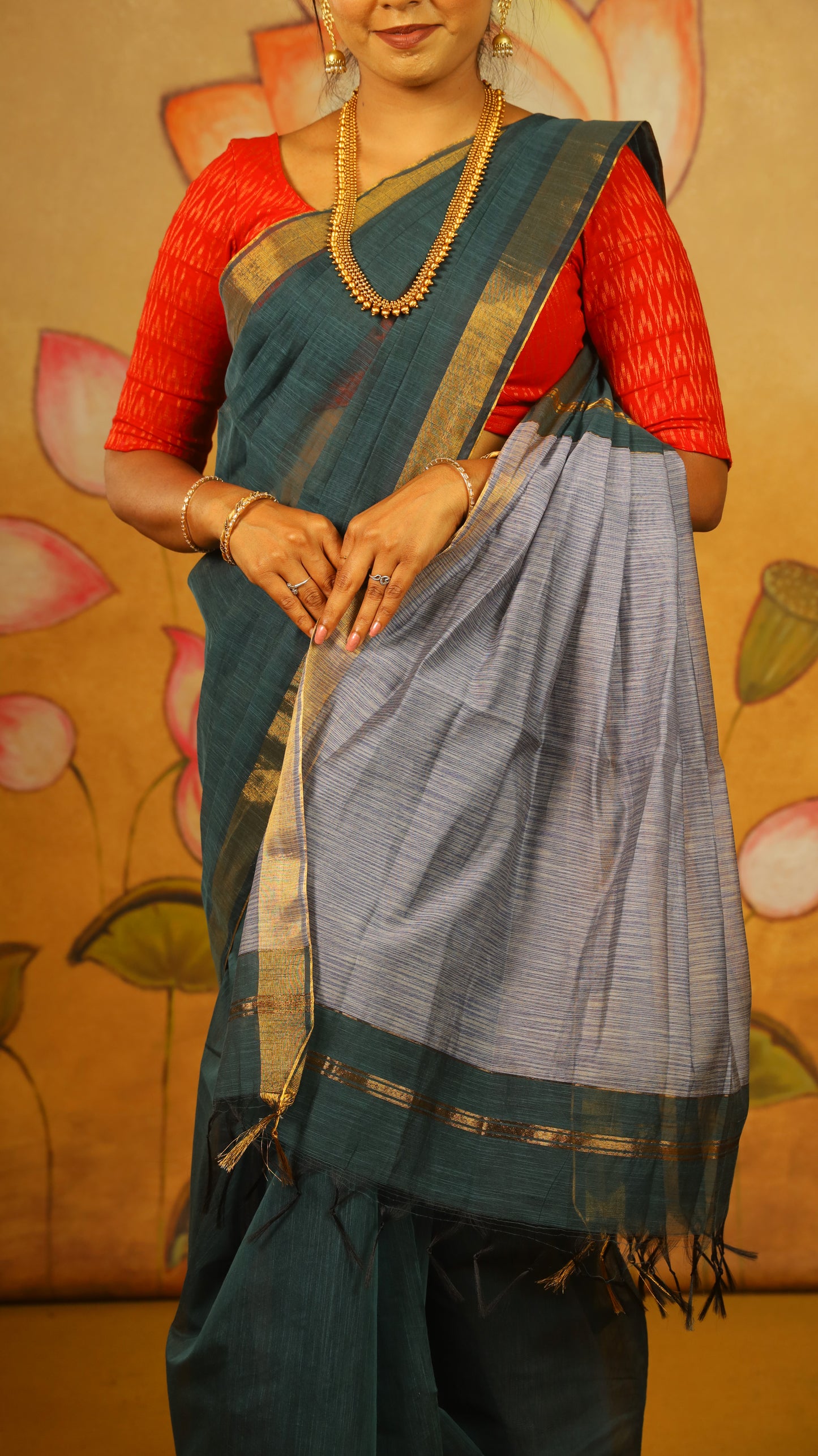 Elegant Mercerized Silk Cotton Saree with a bottle green body and zari border with greyish-blue pallu - AVANTHIKA