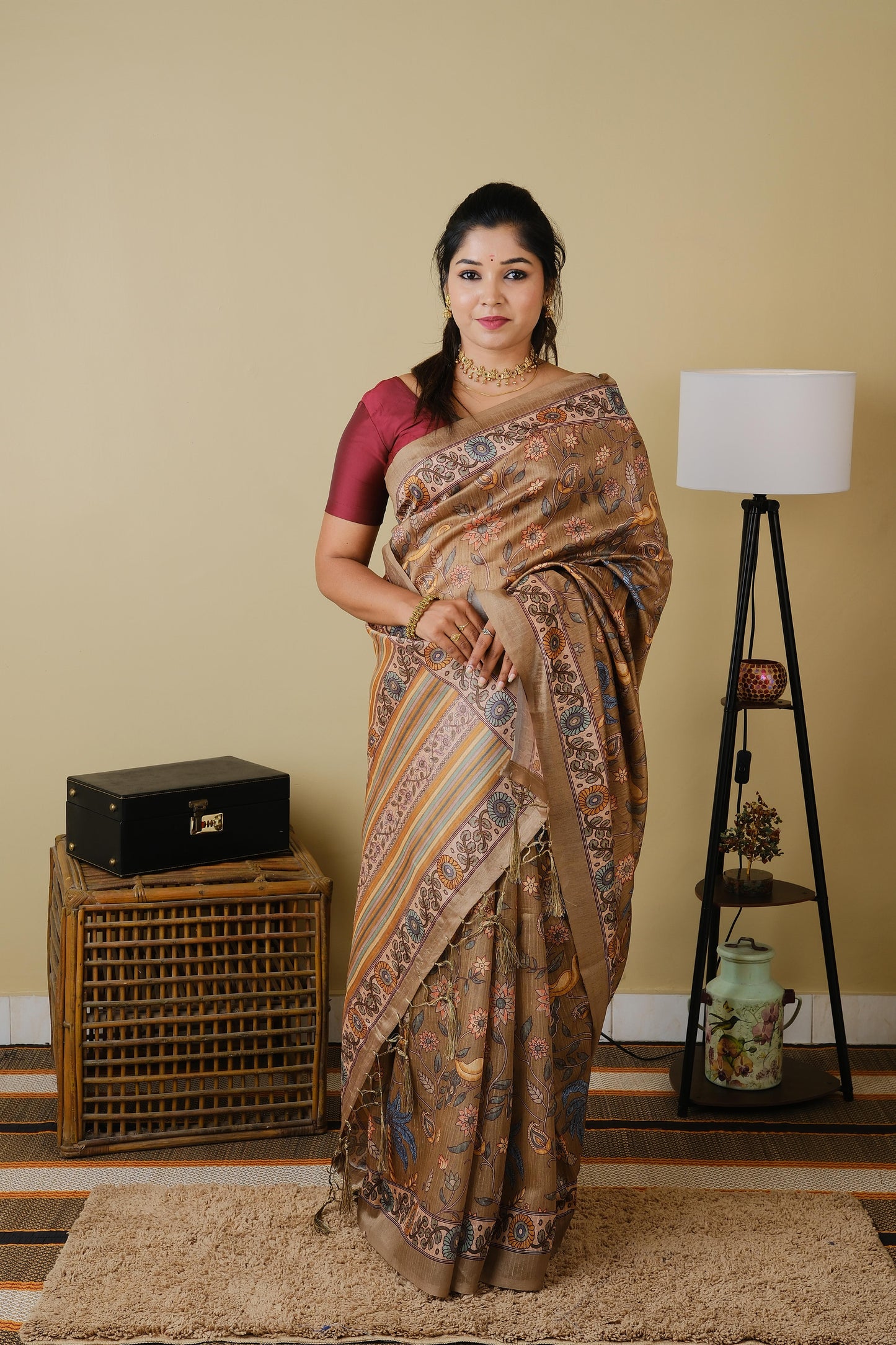 Digital print in wheat brown with all over motifs and floral border - BOOMIKA
