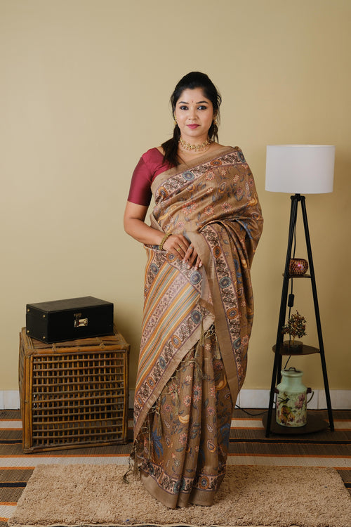 Digital print in wheat brown with all over motifs and floral border - BOOMIKA