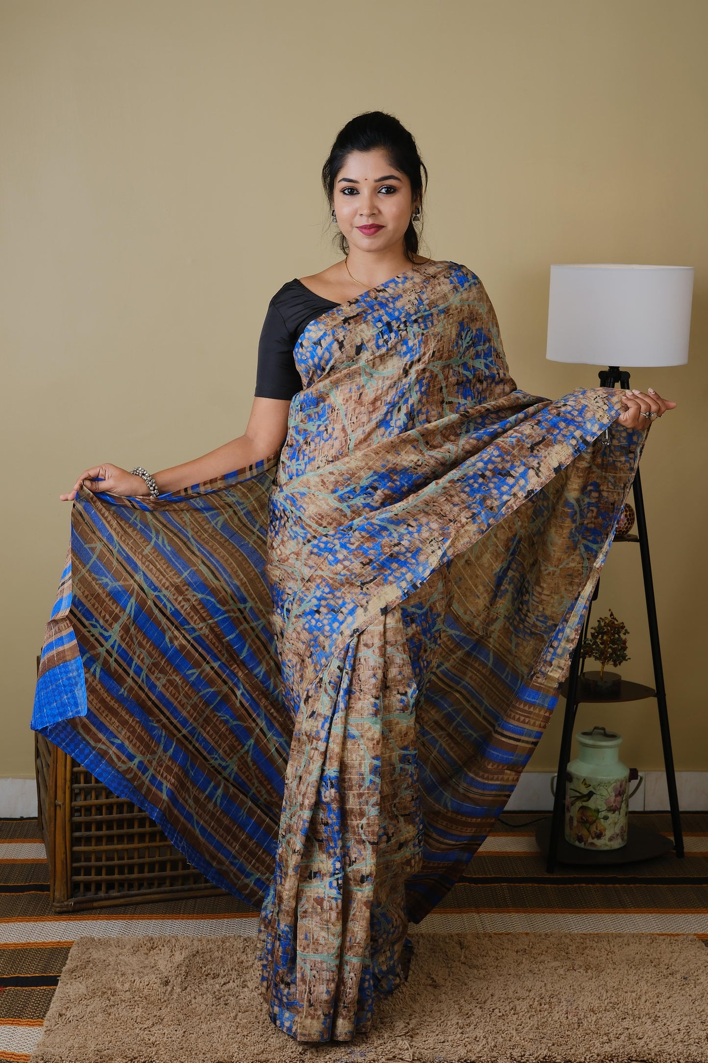 Digital print abstract wash and wear in light brown and royal blue - BOOMIKA