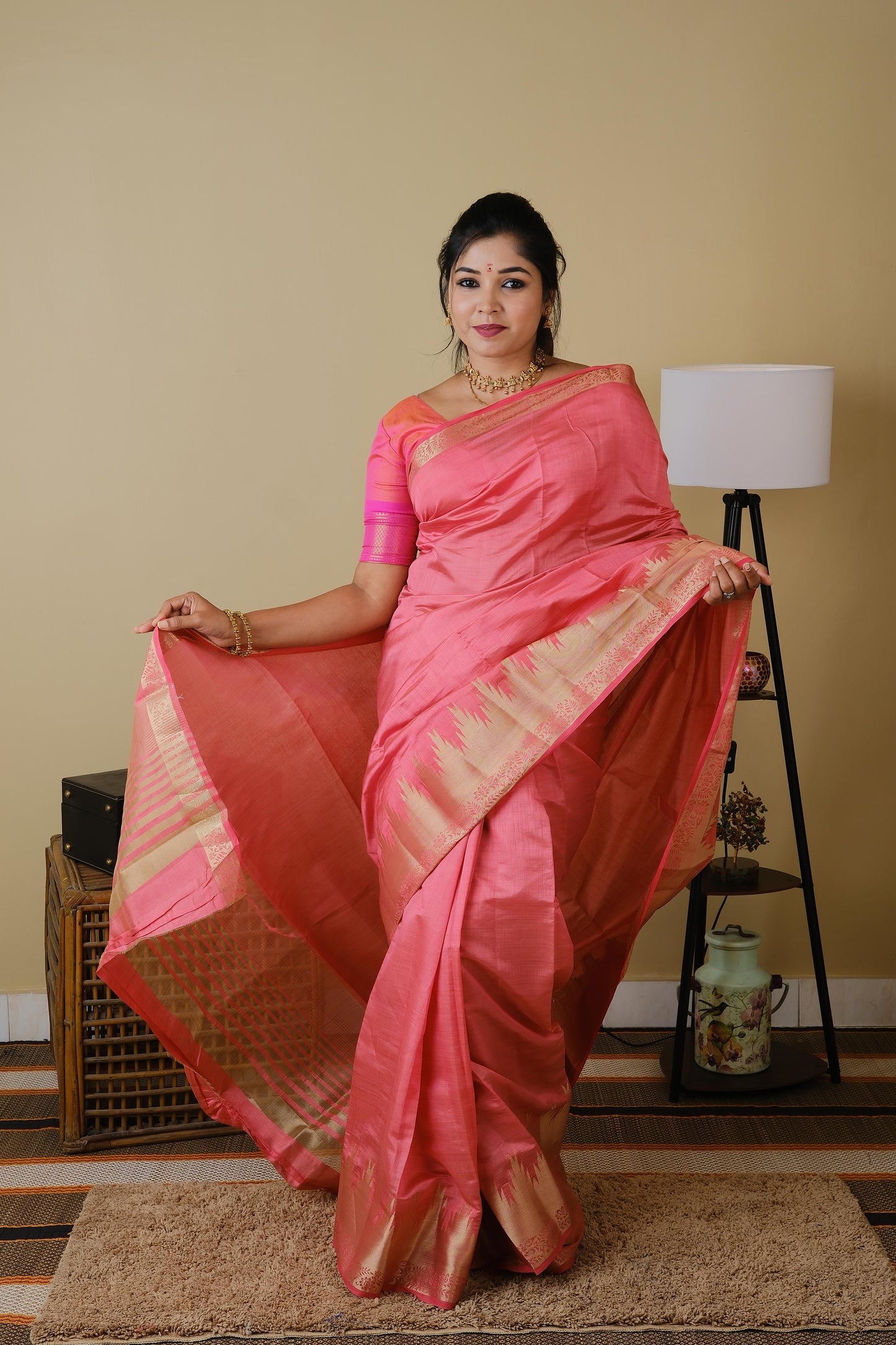 Soft silk in hot pink with tanjore zari border and striped pallu - AVANTHIKA