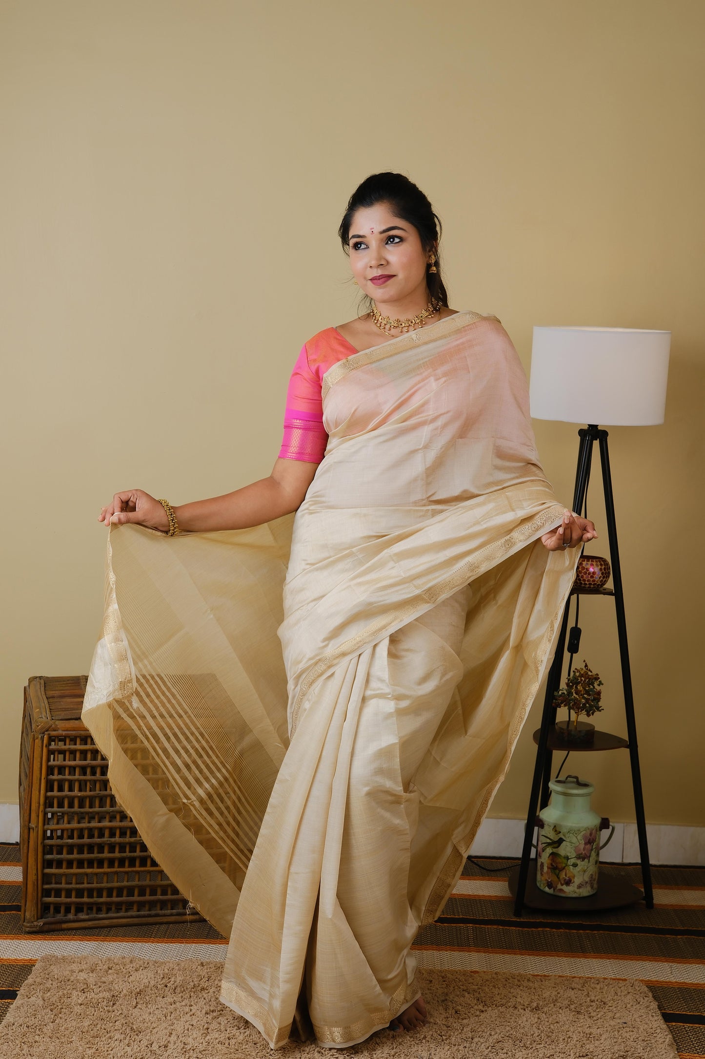 Exquisite soft silk cream saree with zari border - AVANTHIKA