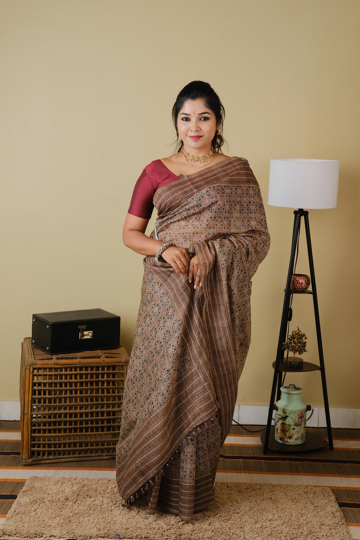 Soft cotton in mud brown with mughal print and mud brown embroided border - BOOMIKA