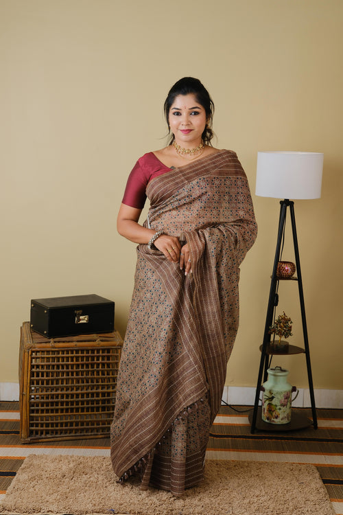 Soft cotton in mud brown with mughal print and mud brown embroided border - BOOMIKA