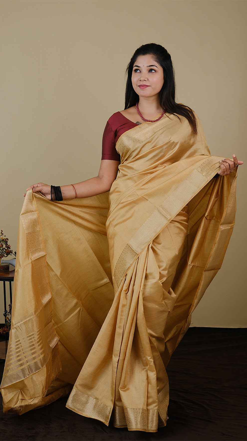 Semi soft silk in sandal with double zari border and striped pallu - AVANTHIKA (20005003)