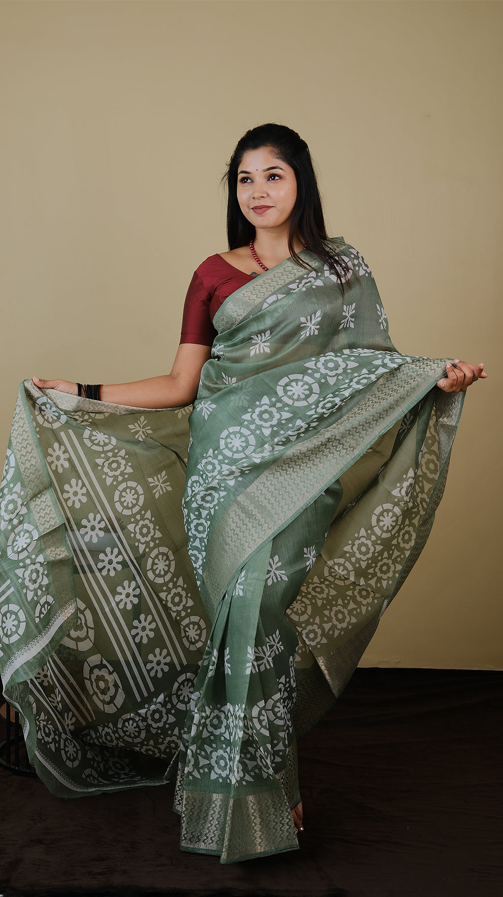 Kilimanjaro Cotton in Mint Green with white batik style print in gold zari border - BOOMIKA (30010044)