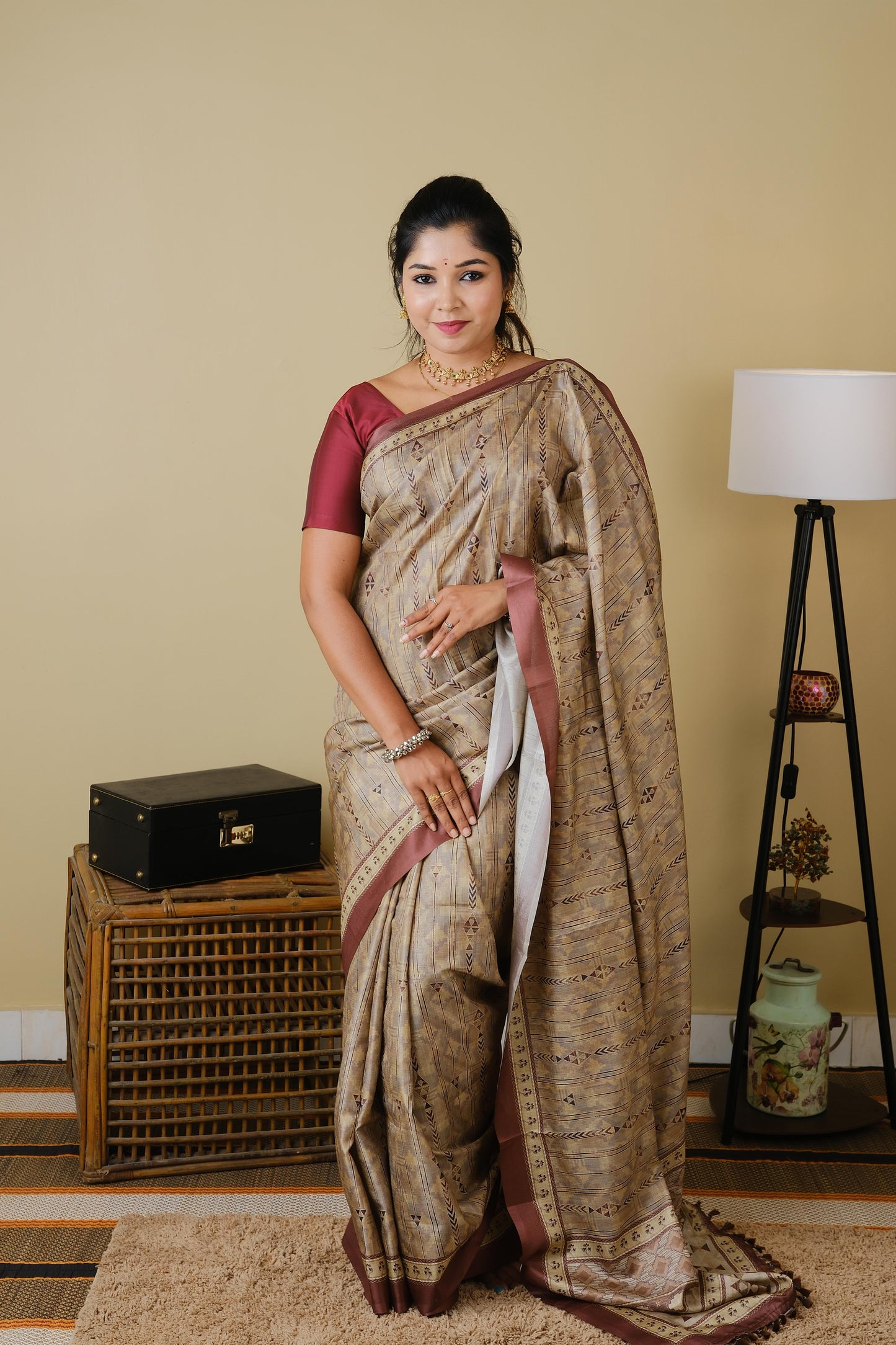 Digital print in light gold with minimalistic design and coffee brown border - BOOMIKA