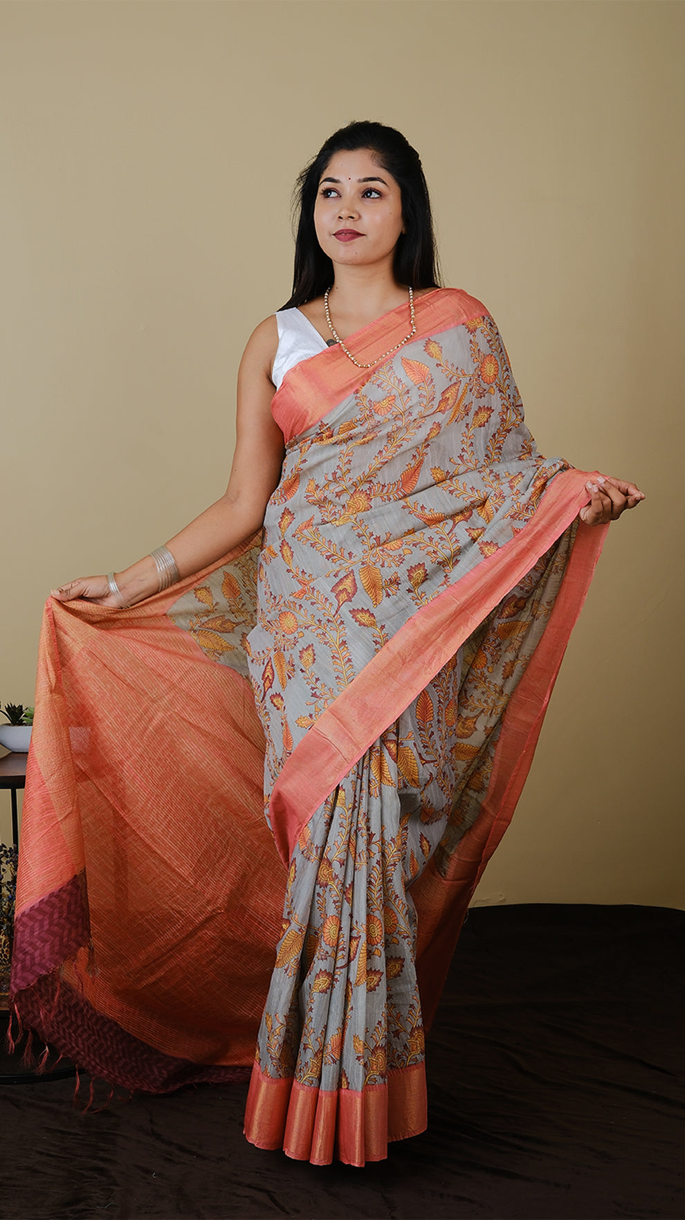 Mulmul cotton in light grey with floral motif and peach orange zari border - KRITHIKA (40012018)