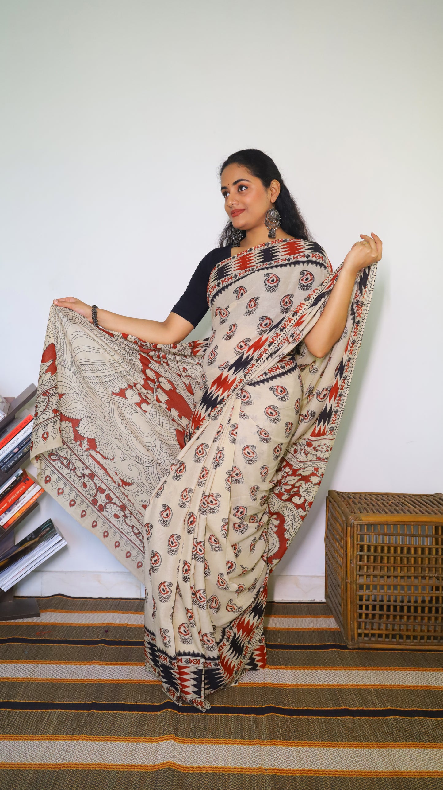 Elegant beige base soft cotton Kalamkari saree featuring paisley motifs in maroon and black - BOOMIKA