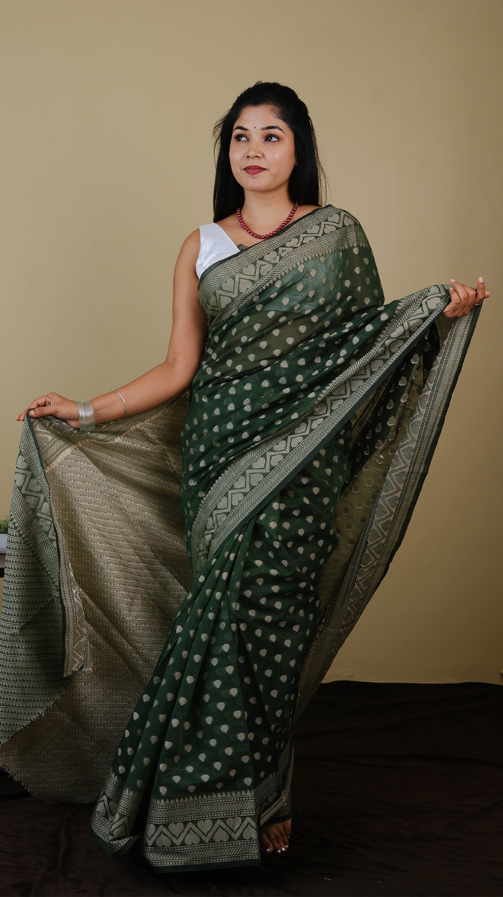 Manipuri cotton in olive green with all over threadwork - KRITHIKA (40010005)