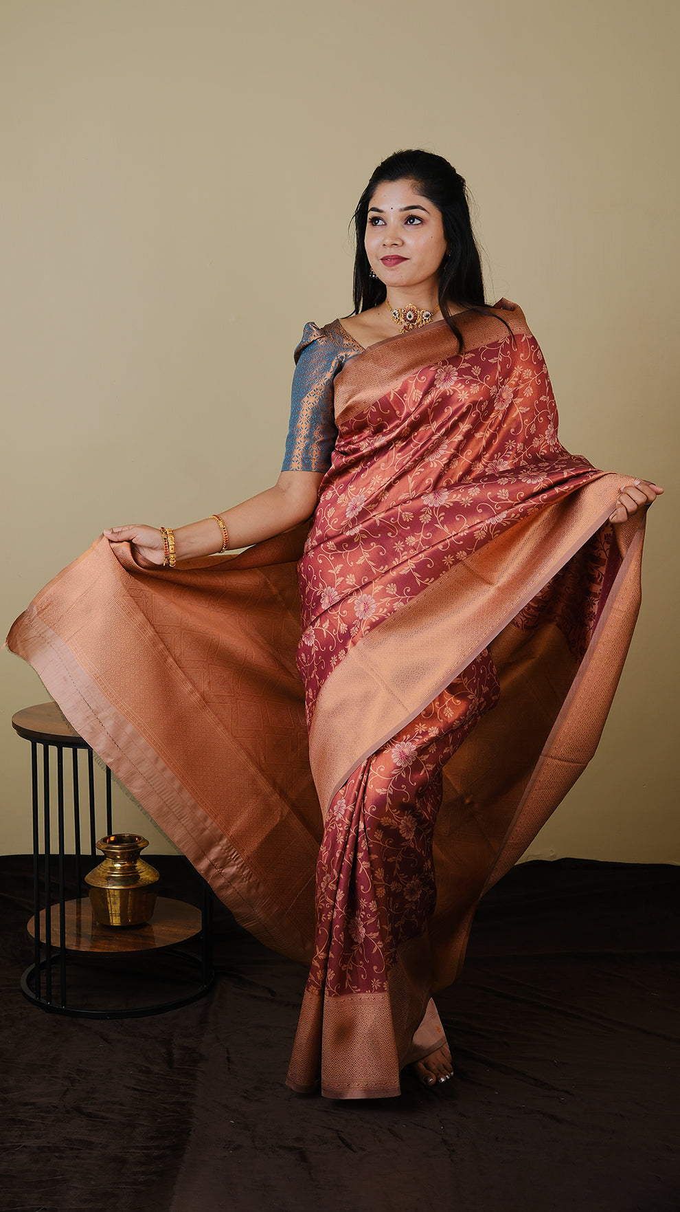 Exquisite Soft Silk in rust brown and rose gold brocade with rose gold contrast double zari border and pallu - AVANTHIKA (20009021)