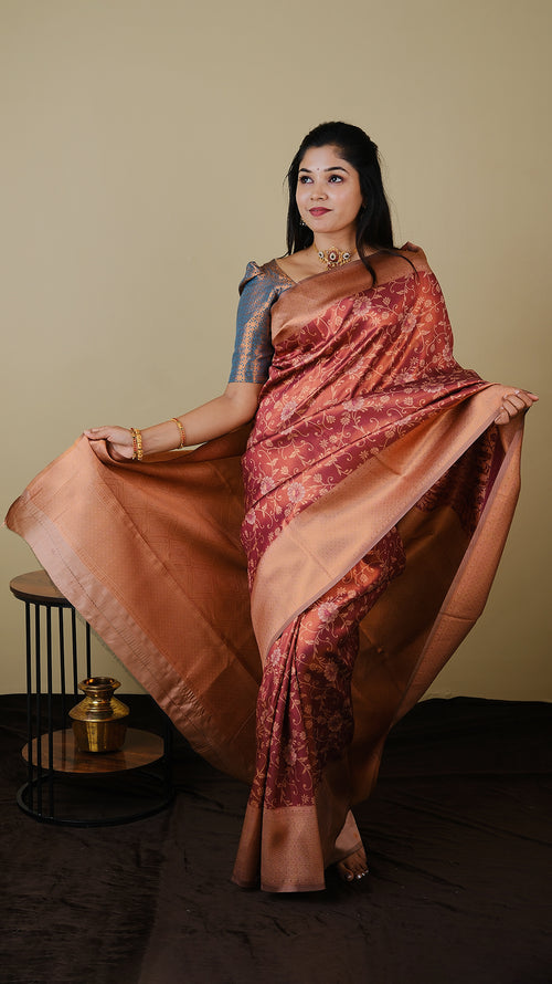 Exquisite Soft Silk in rust brown and rose gold brocade with rose gold contrast double zari border and pallu - AVANTHIKA (20009021)