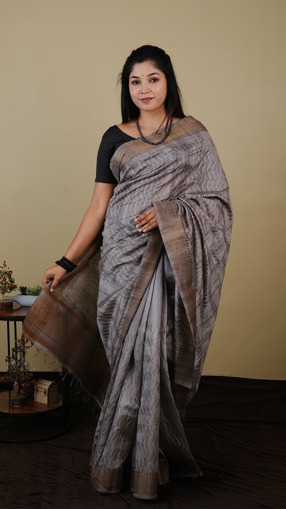 Semi silk grey saree with all over thread and chumki work and anti gold woven zari border - KRITHIKA (40009022)