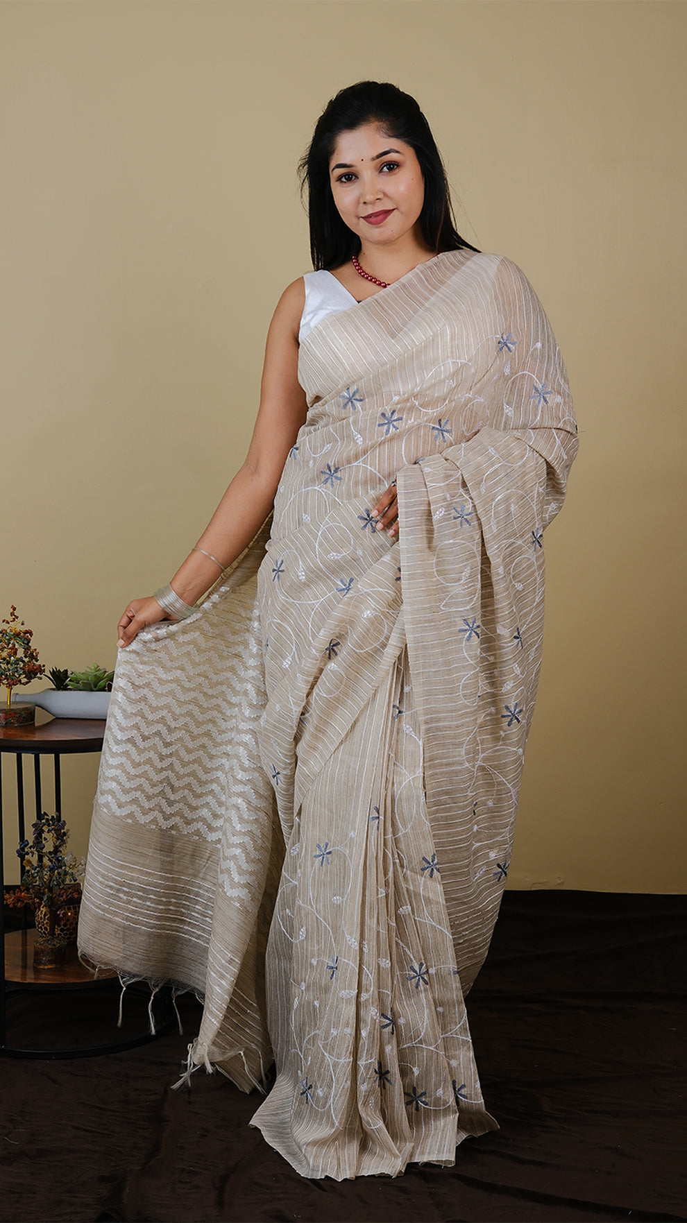 Everyday comfort jute khadi cotton in beige colour with dark grey and white embroidery - BOOMIKA (30010011)