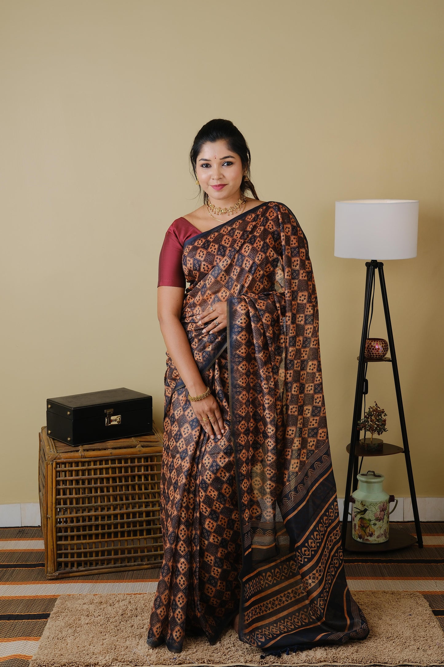 Chanderi silk in bottle green and carrot orange with all over digital print -  BOOMIKA