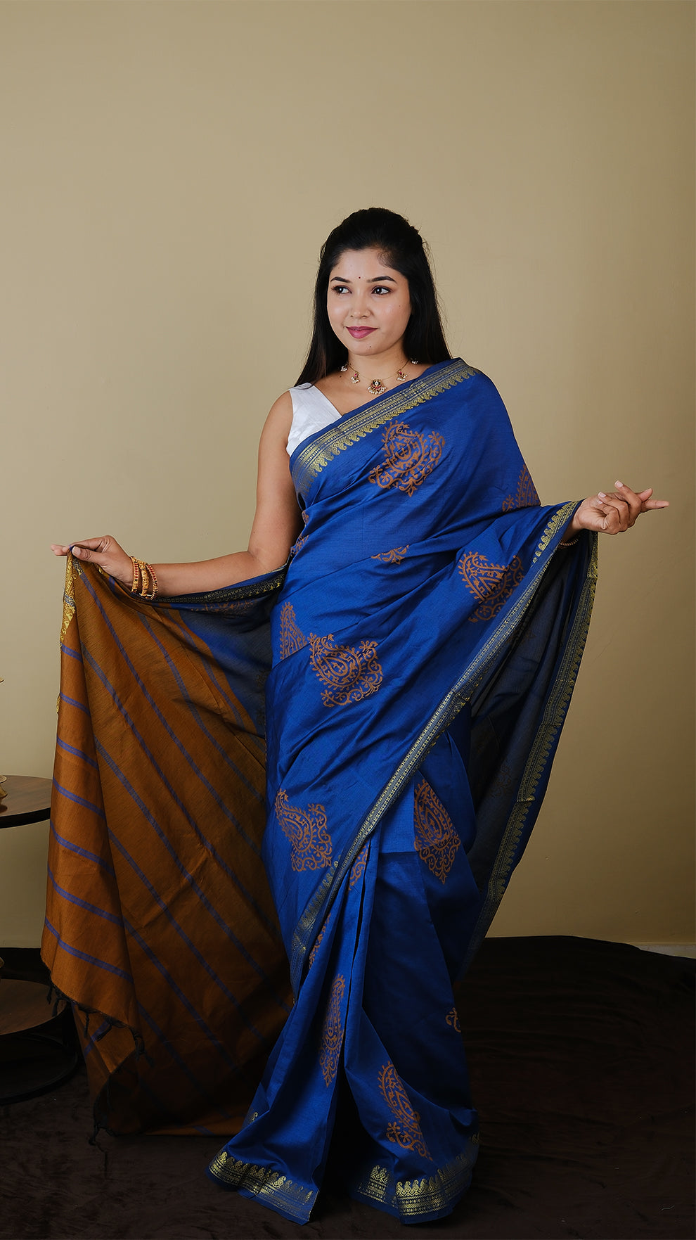 Cotton Silk in Dark Blue and Rust Brown contrast pallu with zari border and block print in large pasley - KRITHIKA (40010008)