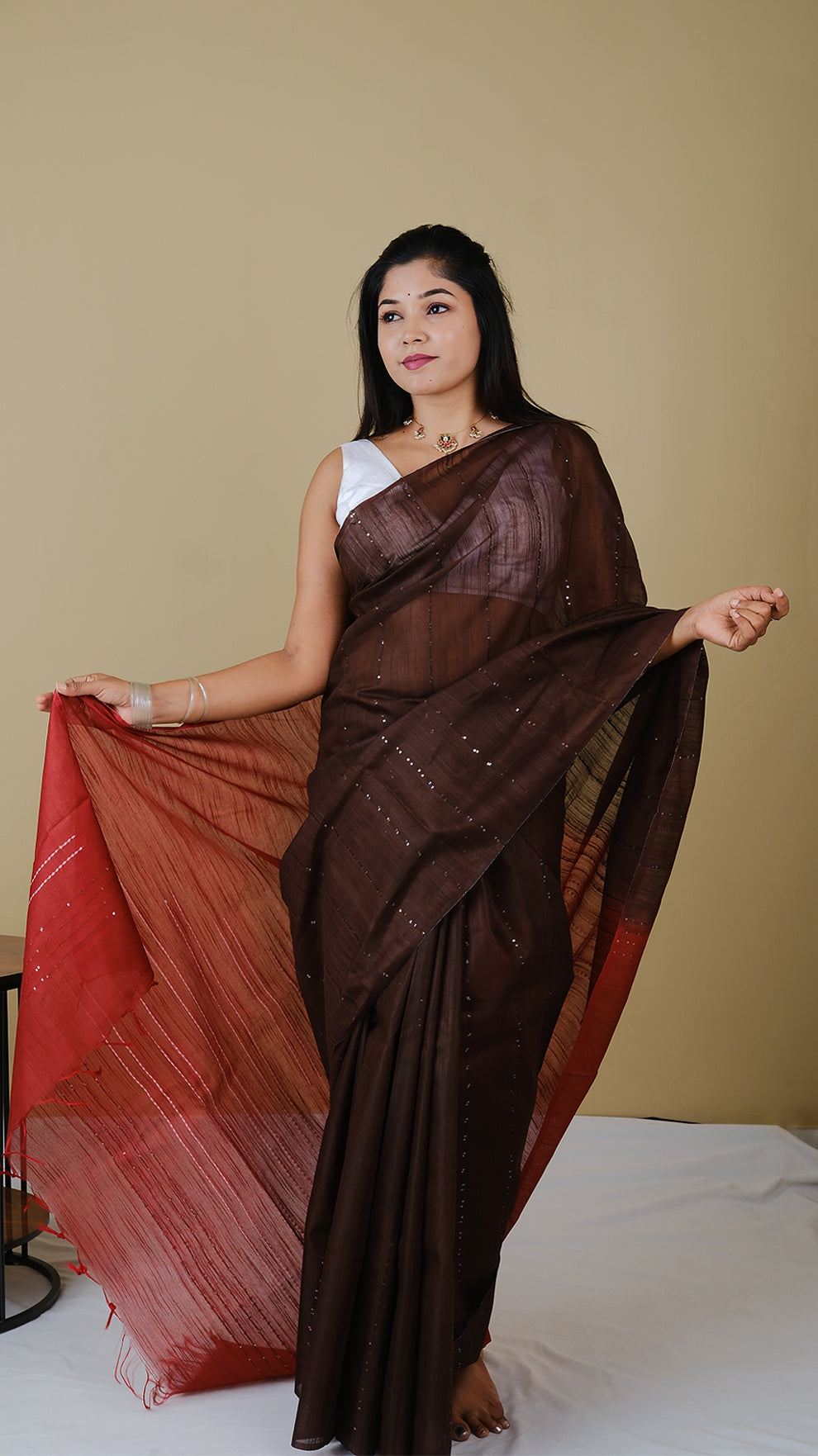Linen cotton in coffee brown body with rust pallu with threadwork and chamki work - BOOMIKA (30010027)