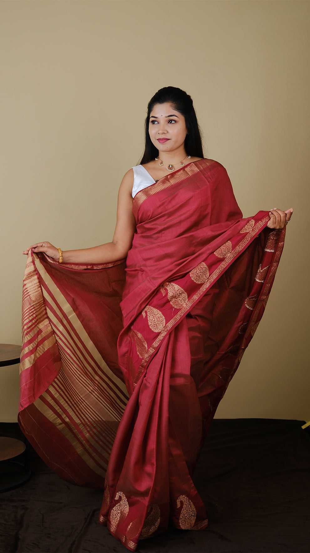 Silk cotton in pomegranete red with traditional mangai zari border and striped zari pallu - AVANTHIKA (20009024)