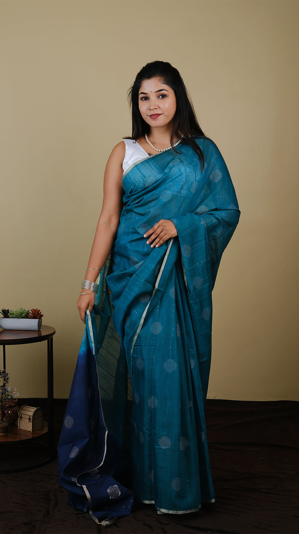 Linen cotton in bright green body with blue pallu with threadwork and chamki work - BOOMIKA (30010028)