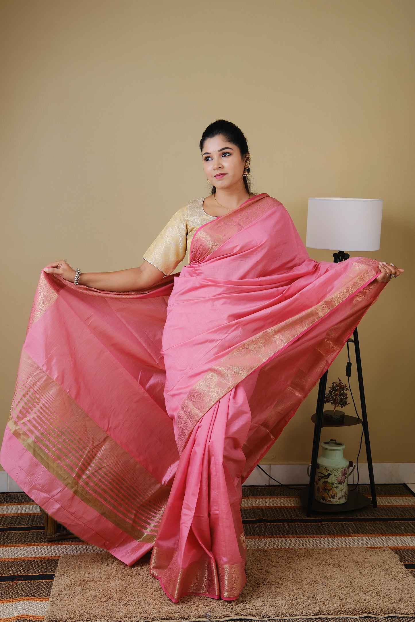 Semi soft silk in light pink with double zari border and striped pallu - AVANTHIKA