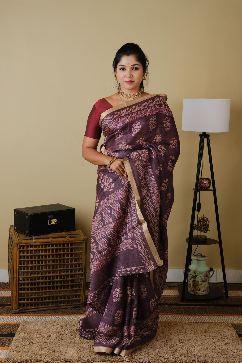 Tussar cotton in plum with floral motifs and saturn border - KRITHIKA (40012019)