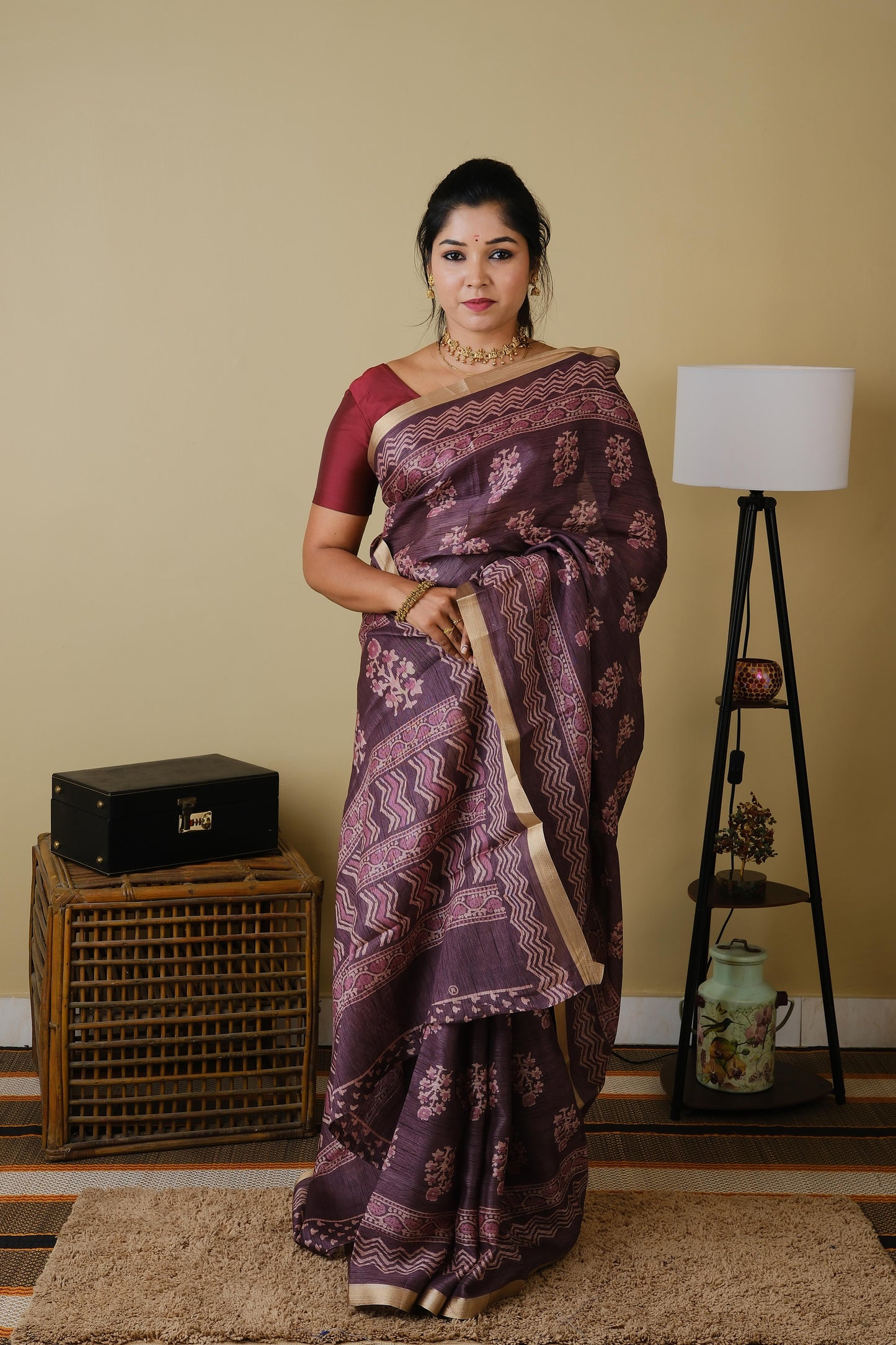 Tussar cotton in plum with floral motifs and saturn border - KRITHIKA