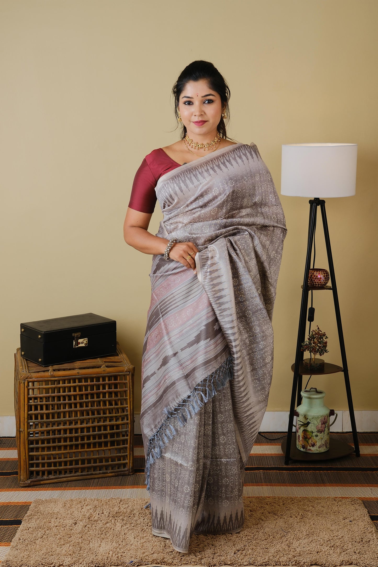 Light grey tribal digital print with ikat border saree - BOOMIKA