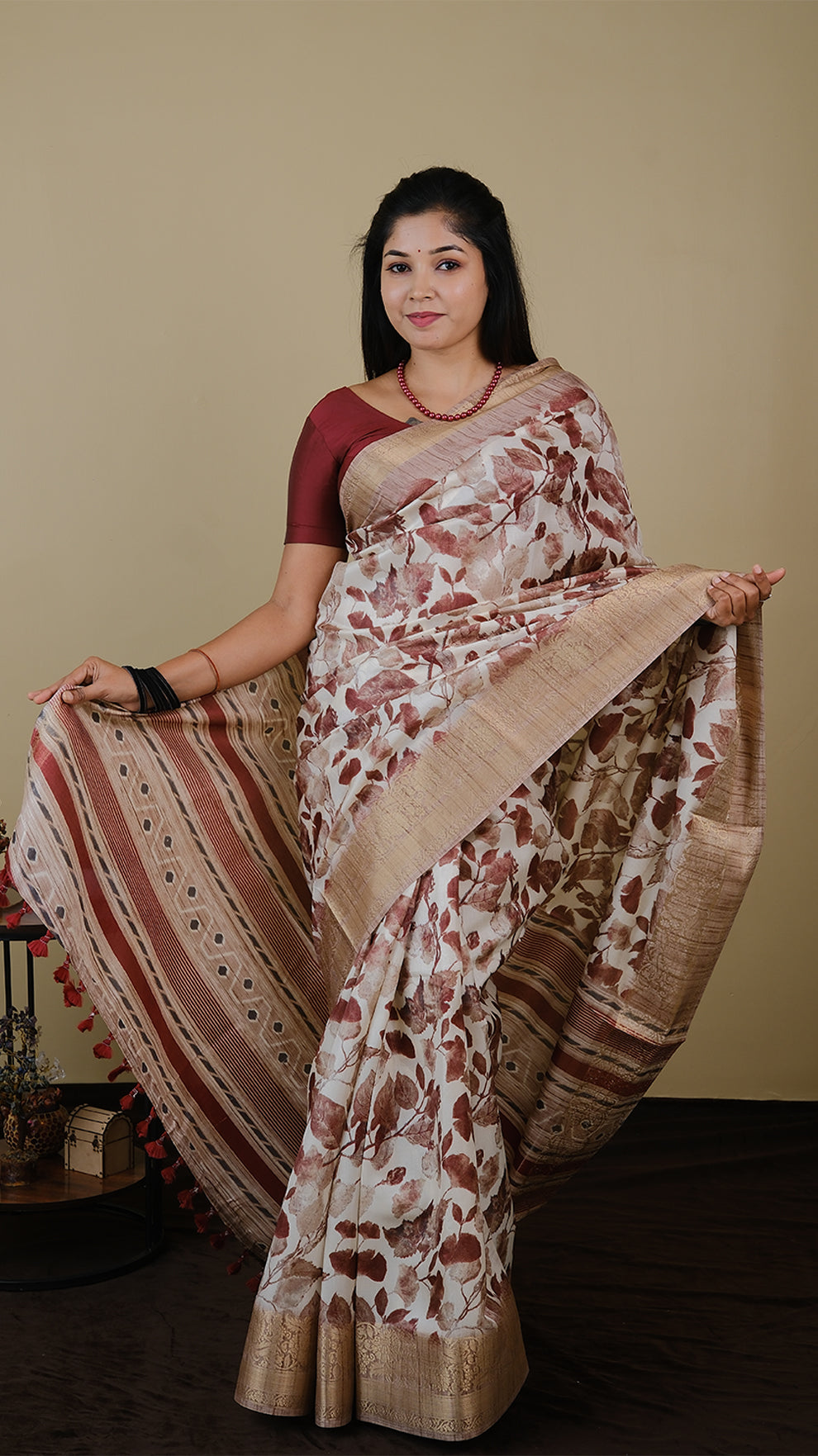 Digital saree in off white and brown with leaf motifs and light gold zari border - KRITHIKA (40012007)