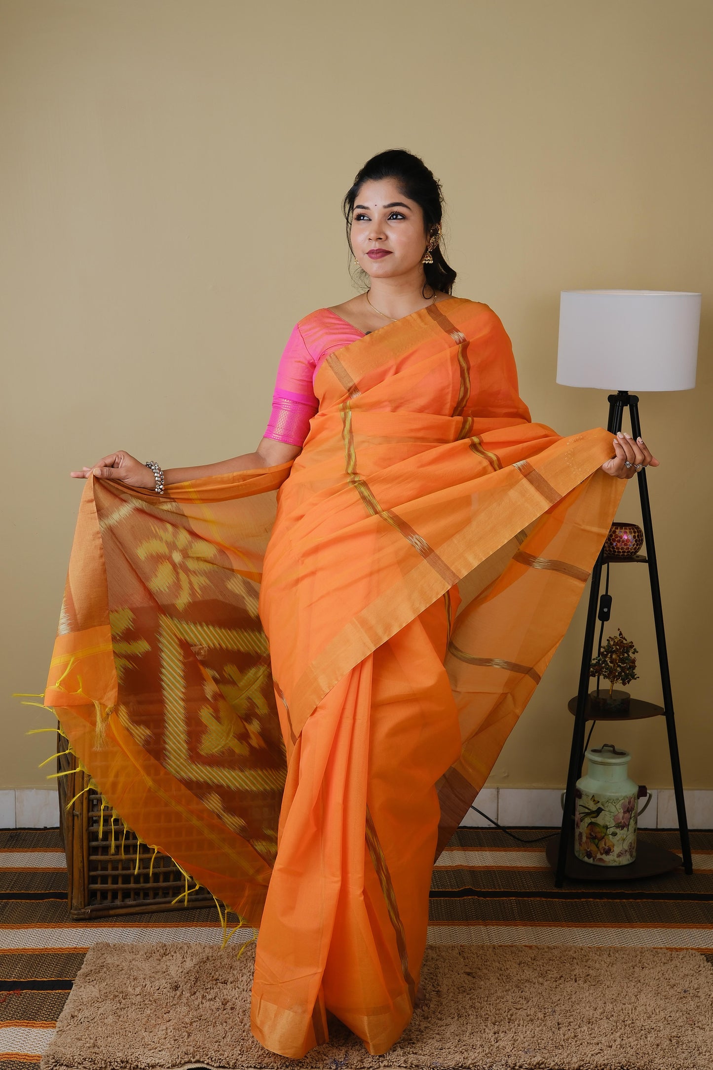 Handloom block print orange cotton saree with ikat style pallu - BOOMIKA