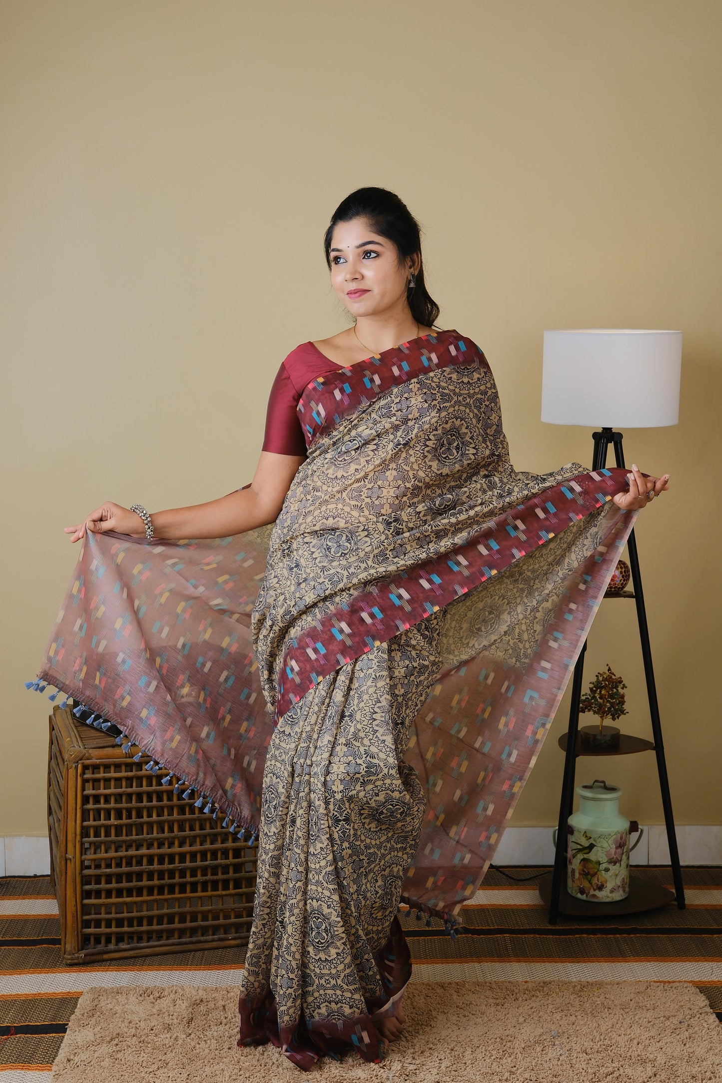 Soft cotton in cream and grey print with burgundy border - BOOMIKA
