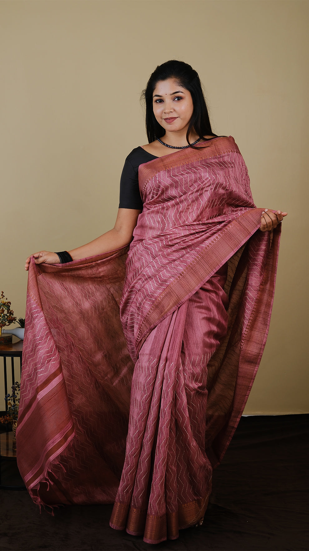 Semi silk dusty pink saree with all over thread and chumki work and anti gold woven zari border - AVANTHIKA (20009028)