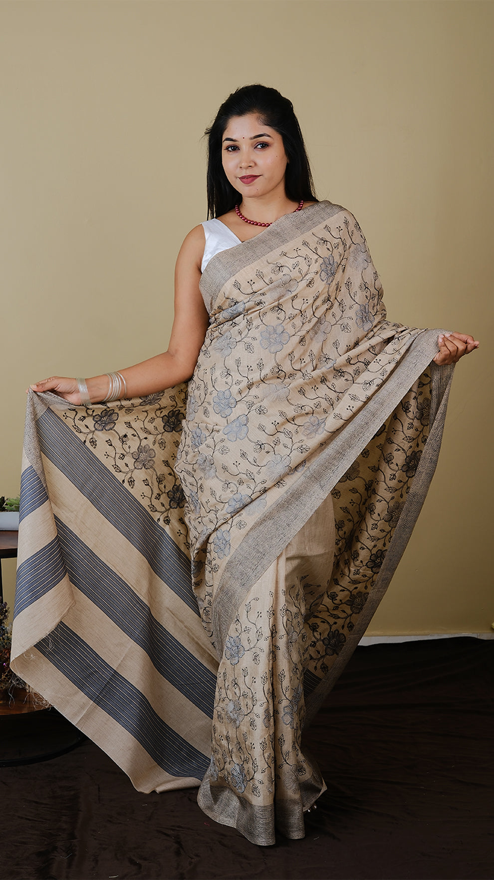 Semi tussar silk with hand embroidery in light beige with kashmiri floral cross stich embroidery and a textured border - KRITHIKA (40010009)