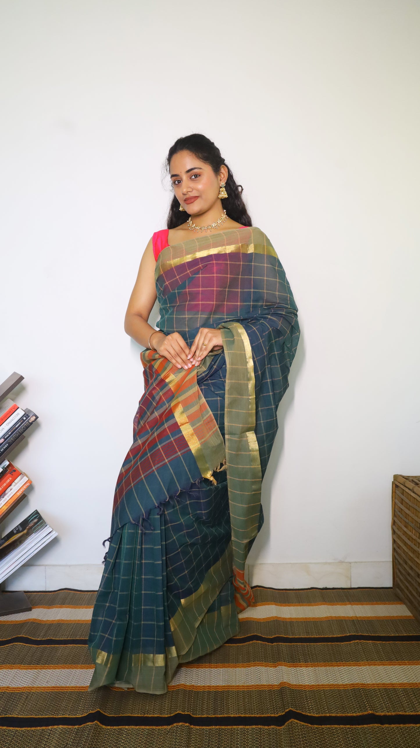 Lightweight manipuri cotton saree designed with golden check patterns across the body - BOOMIKA