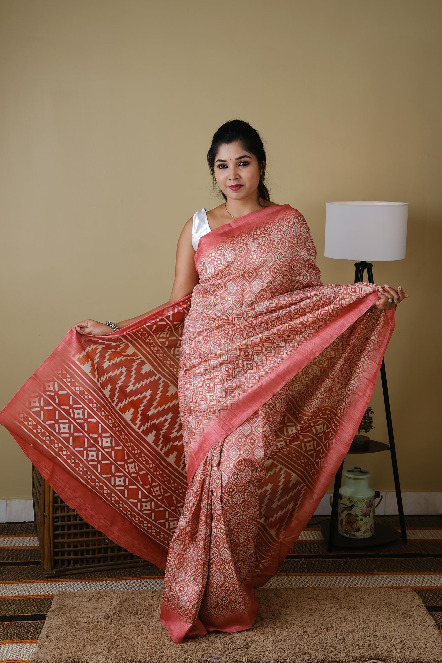 Tussar mix dark pink all over mughal print with dark peach pallu - BOOMIKA