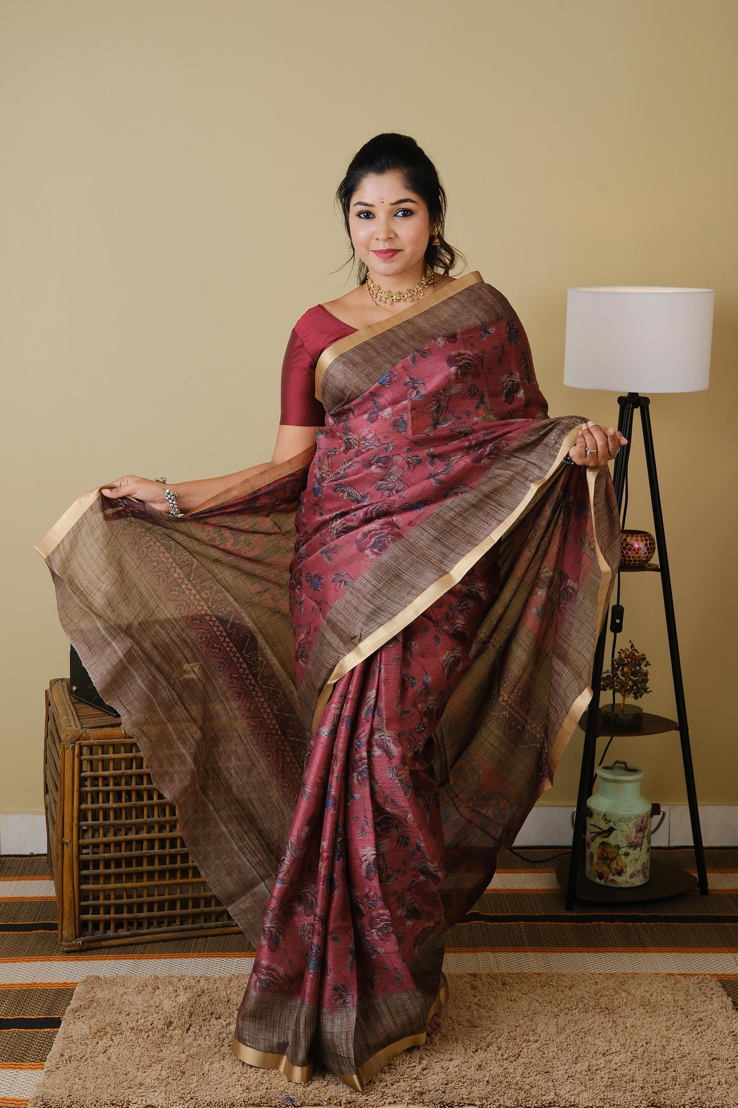 Semi khadi cotton with rose digital print in burnt rose pink with jal border - BOOMIKA