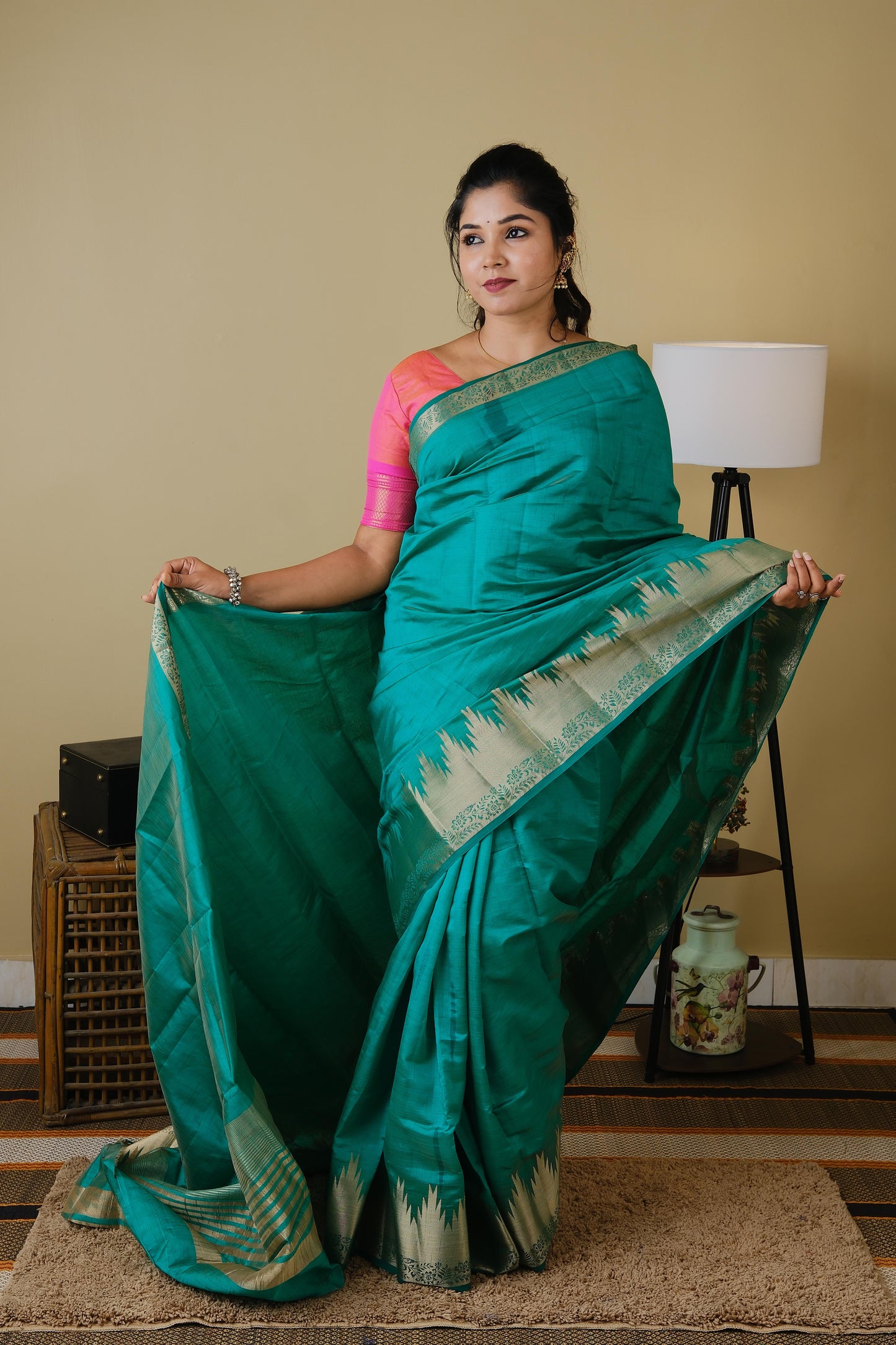 Soft silk in emerald green with tanjore zari porder and striped pallu - AVANTHIKA