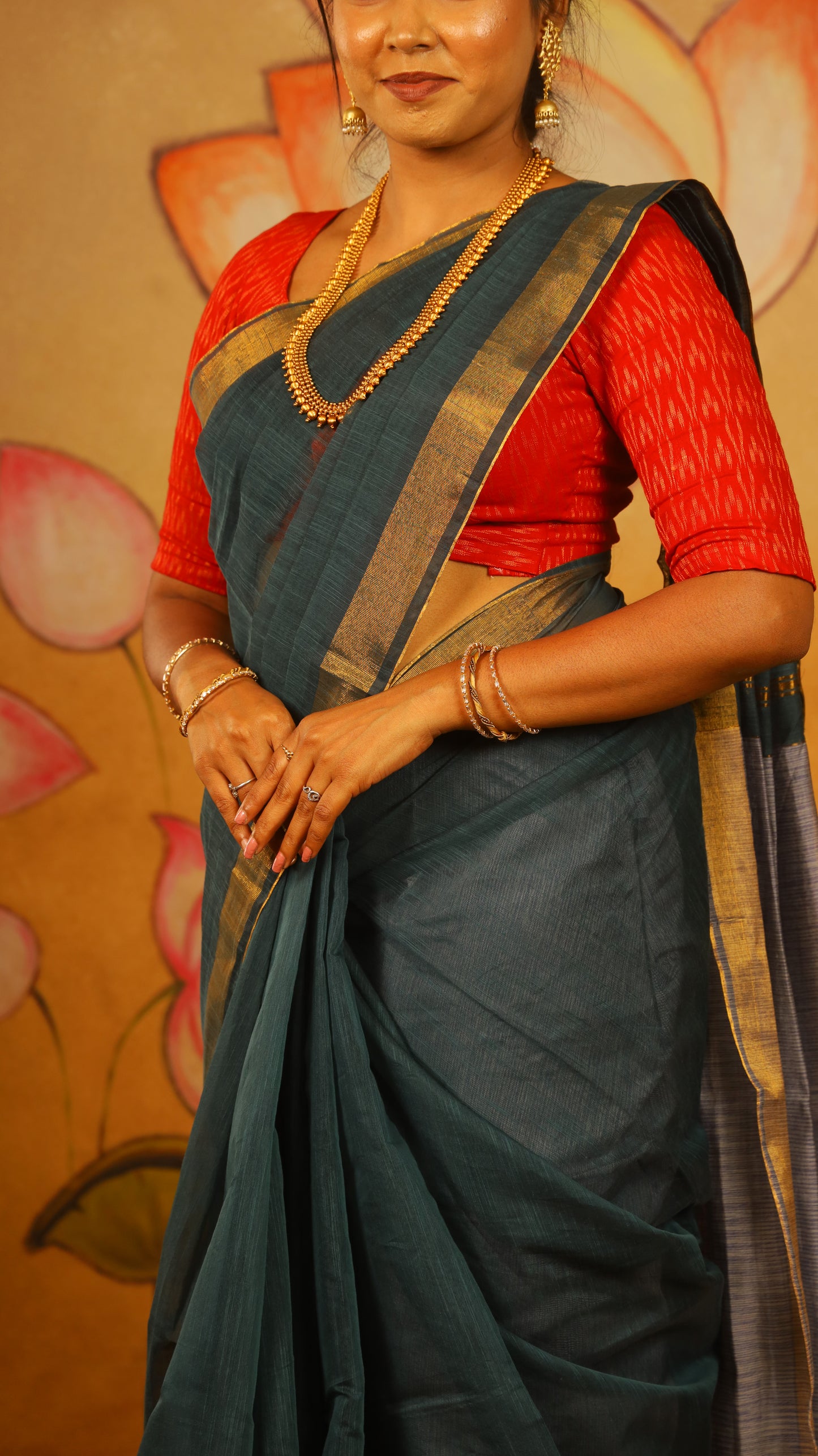 Elegant Mercerized Silk Cotton Saree with a bottle green body and zari border with greyish-blue pallu - AVANTHIKA