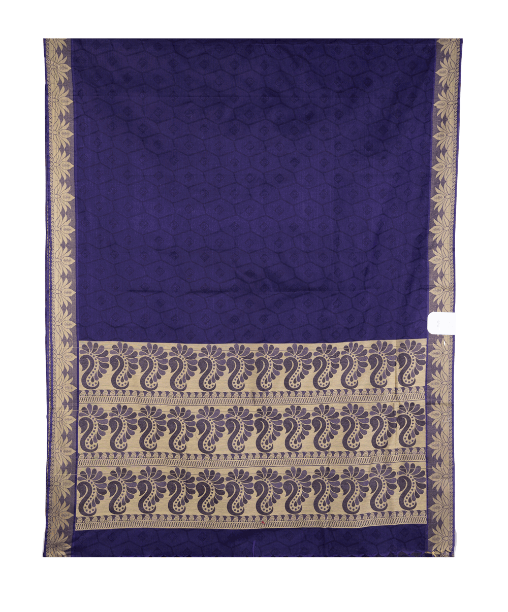 Classical rich purple cotton saree with bold silver paisley and floral motifs along the border - BOOMIKA