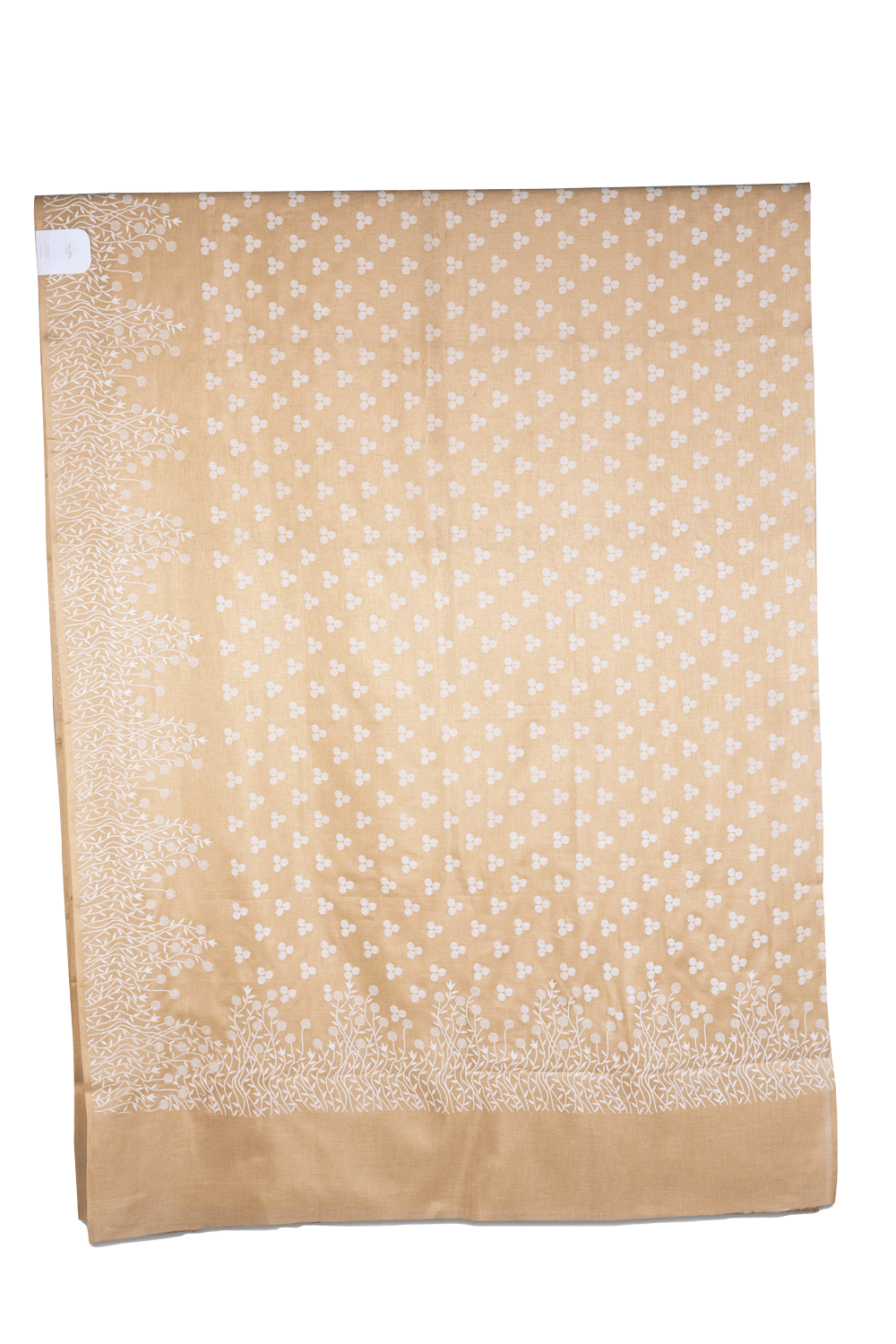 Elegant soft beige Jute Cotton saree featuring delicate white woven motifs throughout the body - BOOMIKA