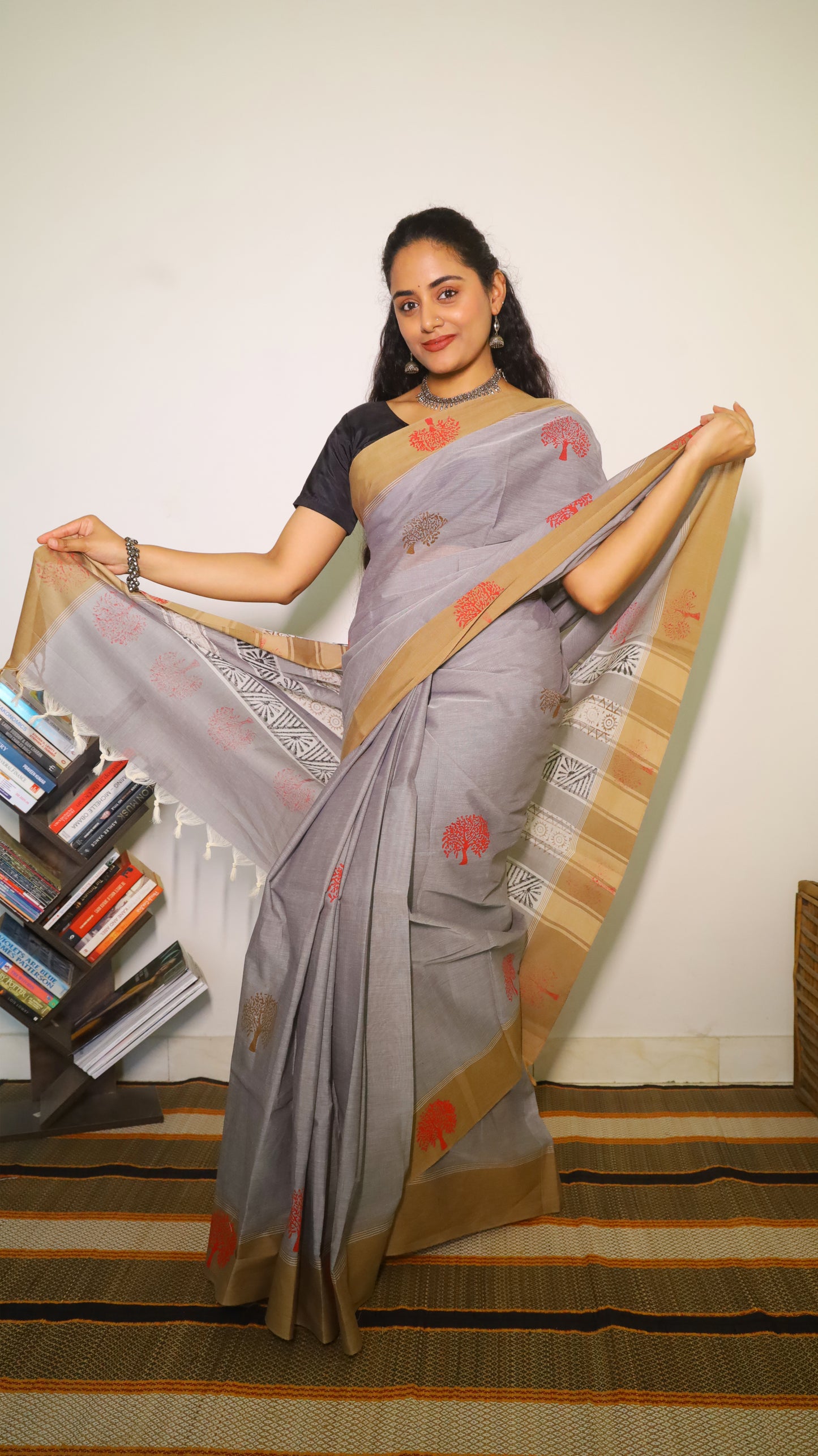 Breathable grey handloom cotton block print saree with black pallu and mustard border - BOOMIKA