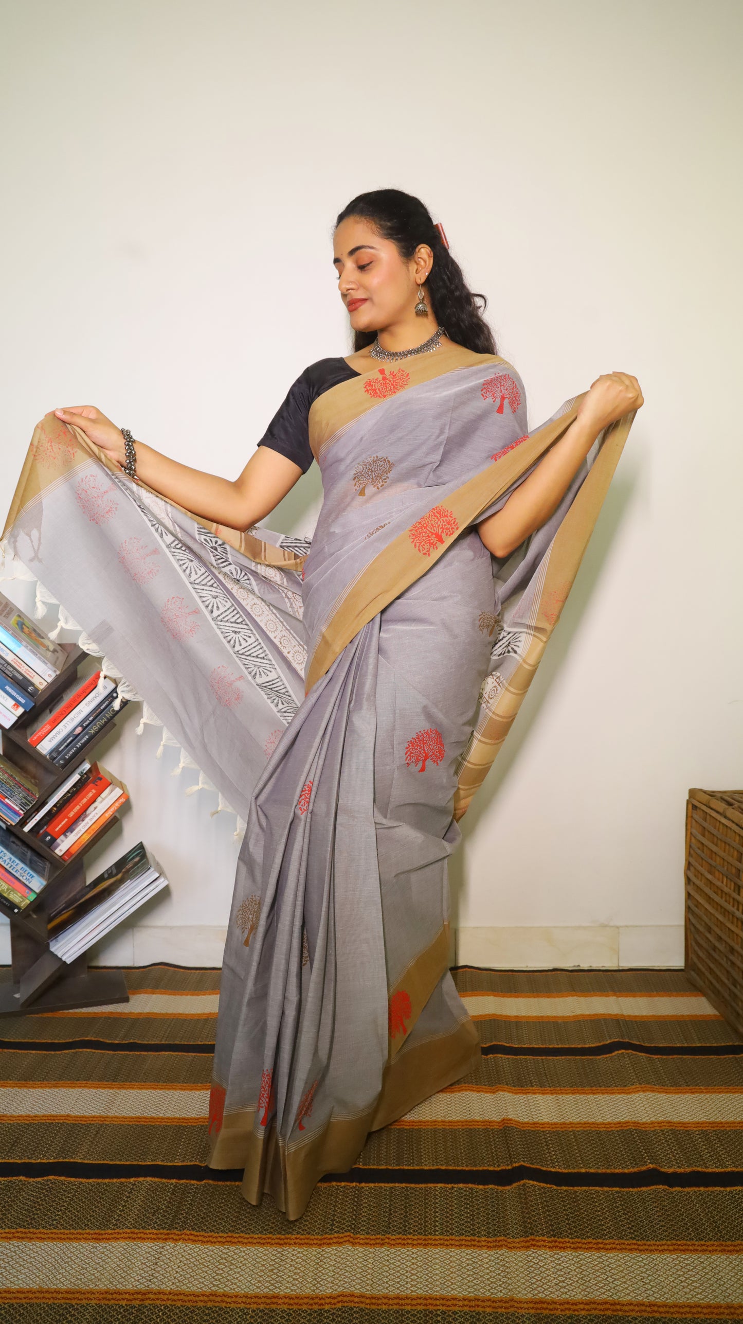 Breathable grey handloom cotton block print saree with black pallu and mustard border - BOOMIKA