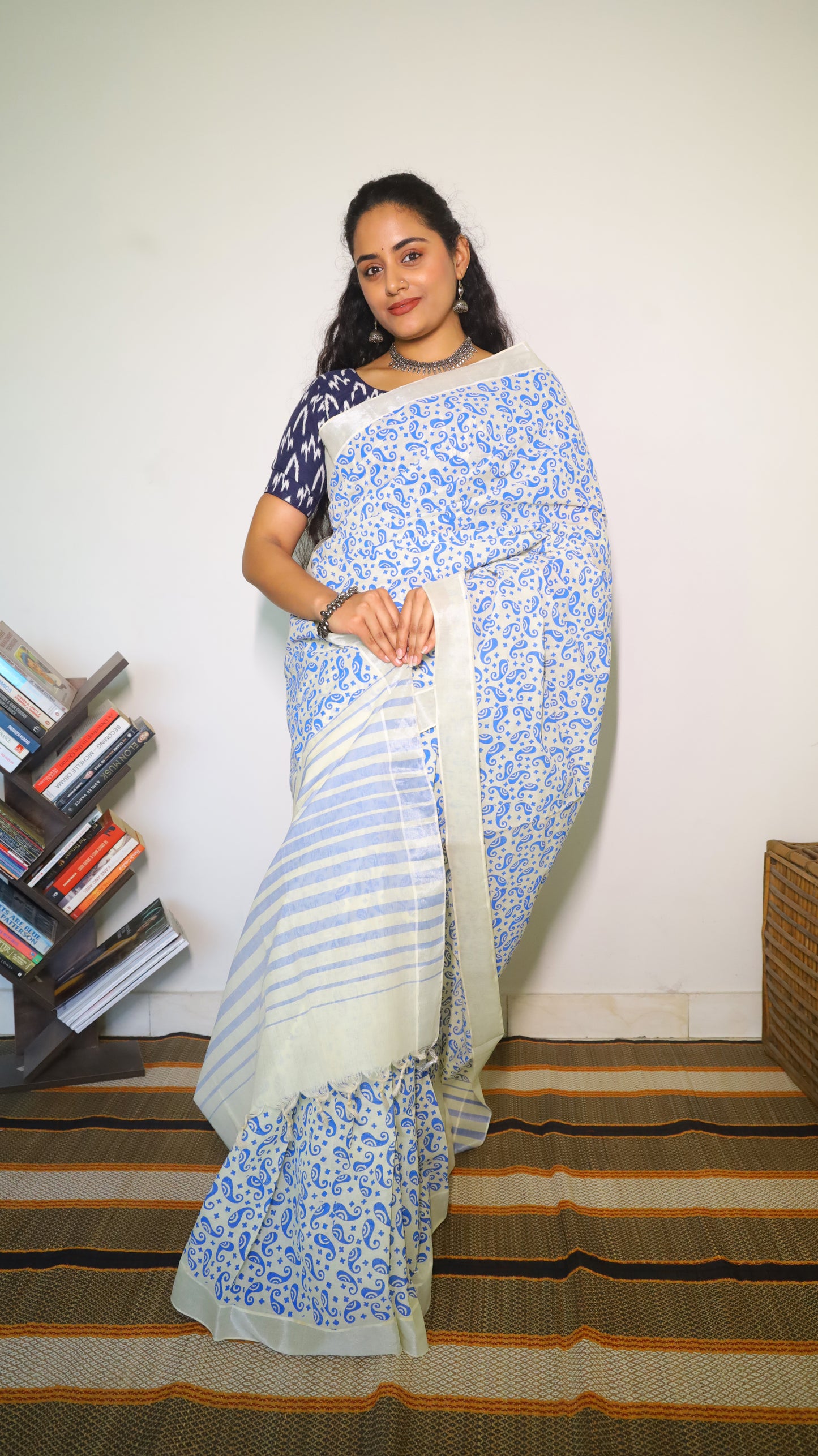 Everyday comfort white cotton saree with blue paisely buttas block print - BOOMIKA