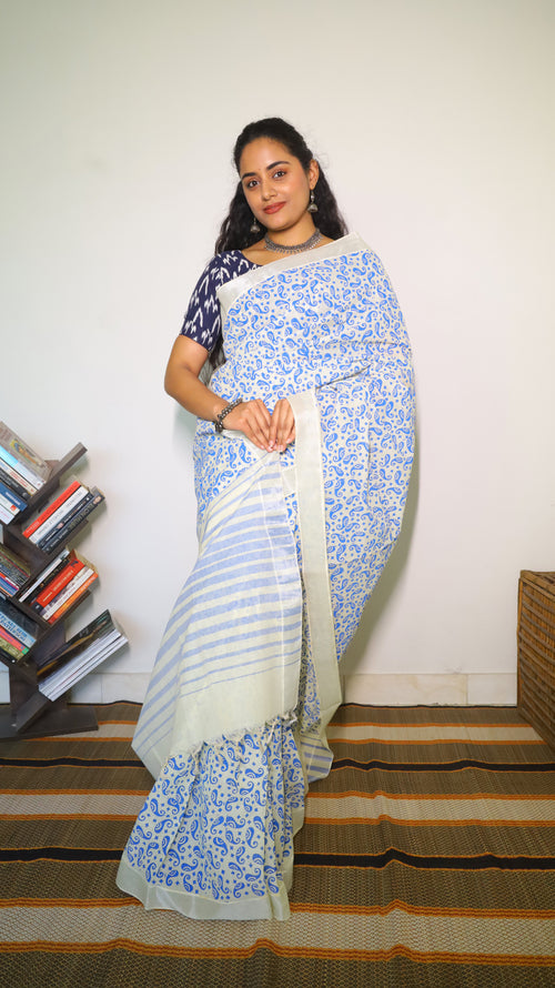 Everyday comfort white cotton saree with blue paisely buttas block print - BOOMIKA