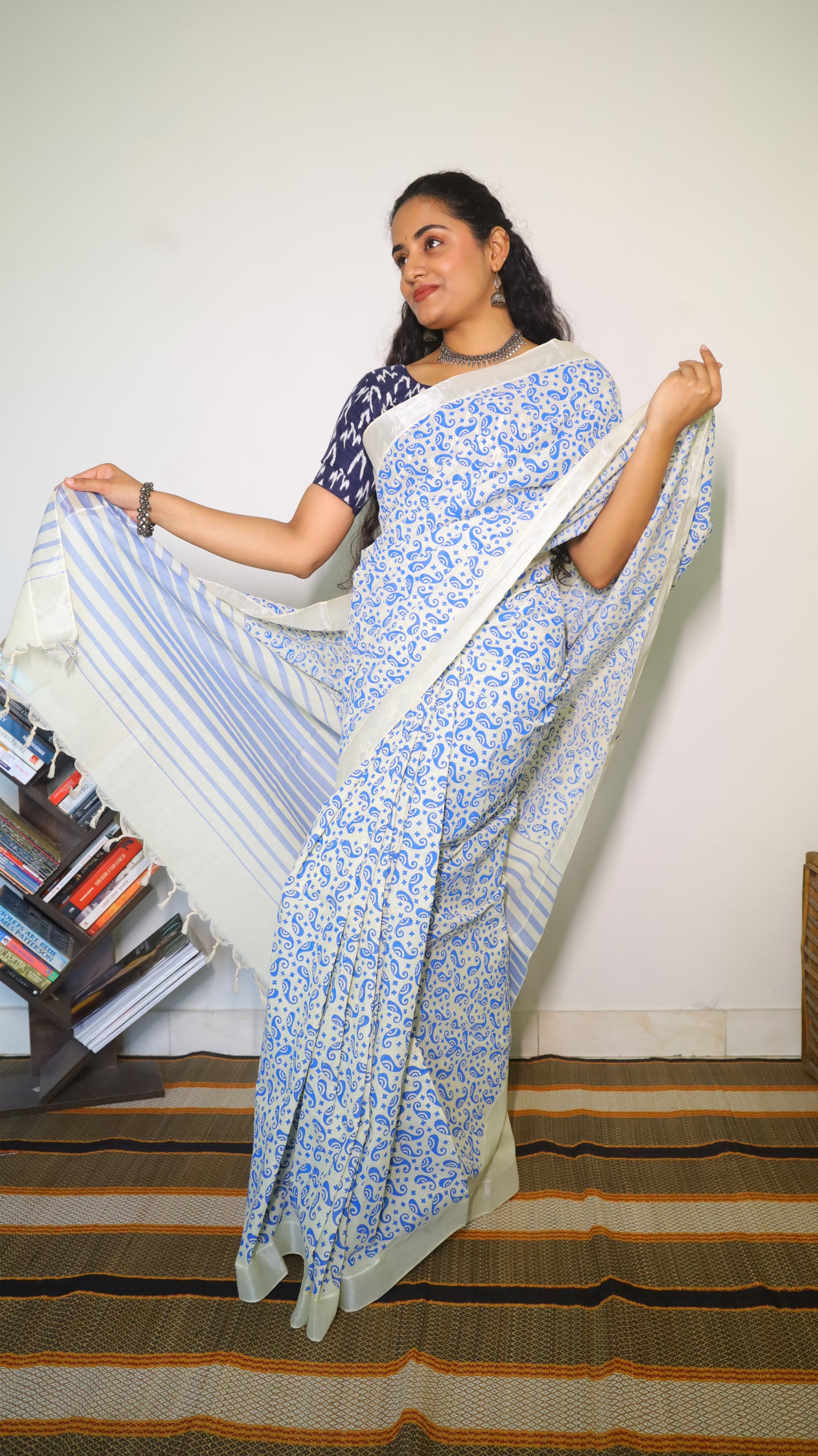 Everyday comfort white cotton saree with blue paisely buttas block print - BOOMIKA