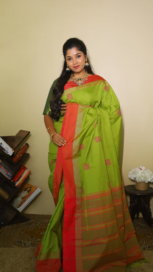 Elegant light green Pasmina silk saree adorned with delicate pink woven motifs, and contrasting pink-gold border - AVANTHIKA